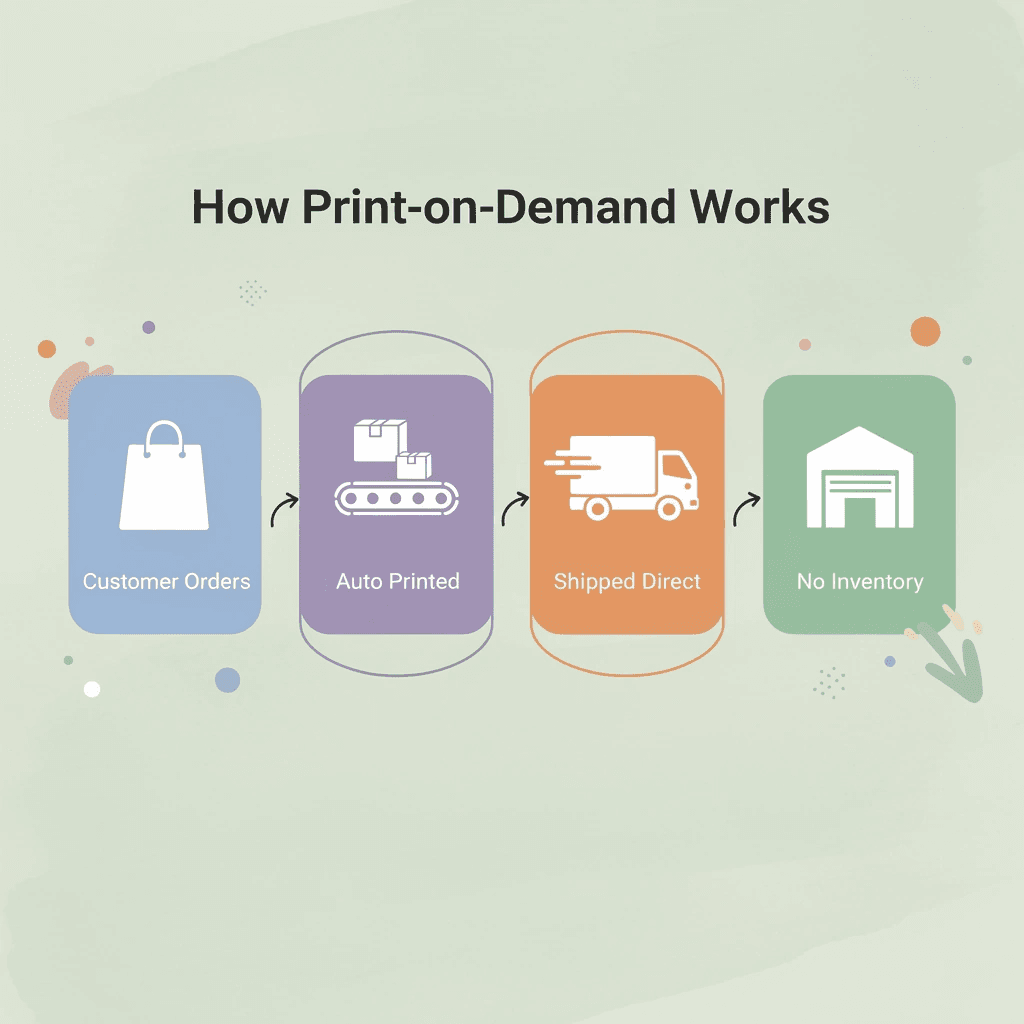 Process flow infographic showing how print-on-demand works from order to delivery
