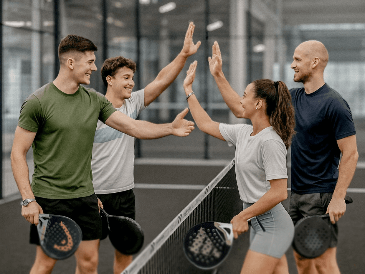 Vier Padelspieler geben sich am Netz ein High-Five – Freude, Teamgeist und sportliche Verbundenheit auf dem Padelnero Court
