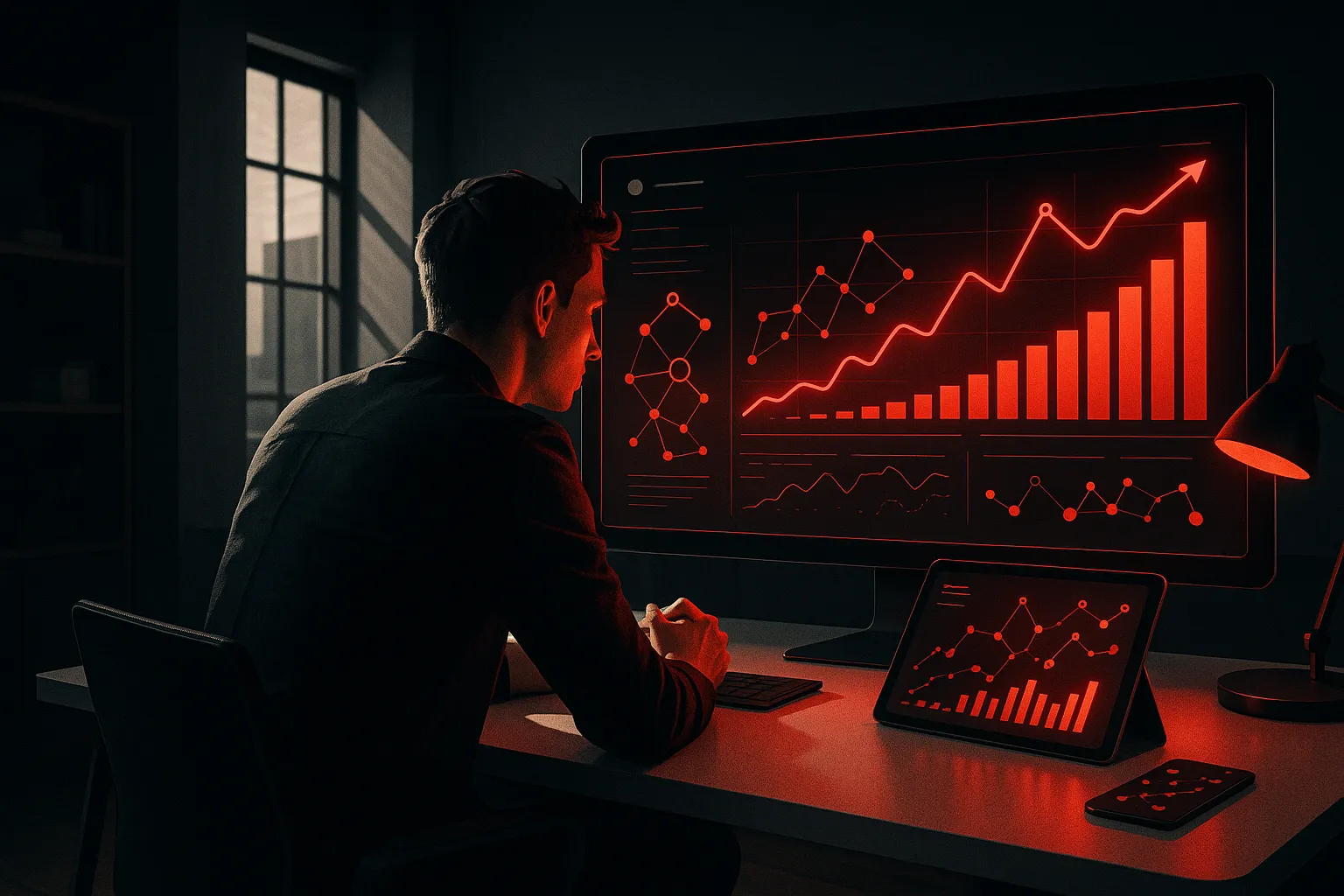 Man analyzing digital marketing data on screens at RockN' Socials agency.