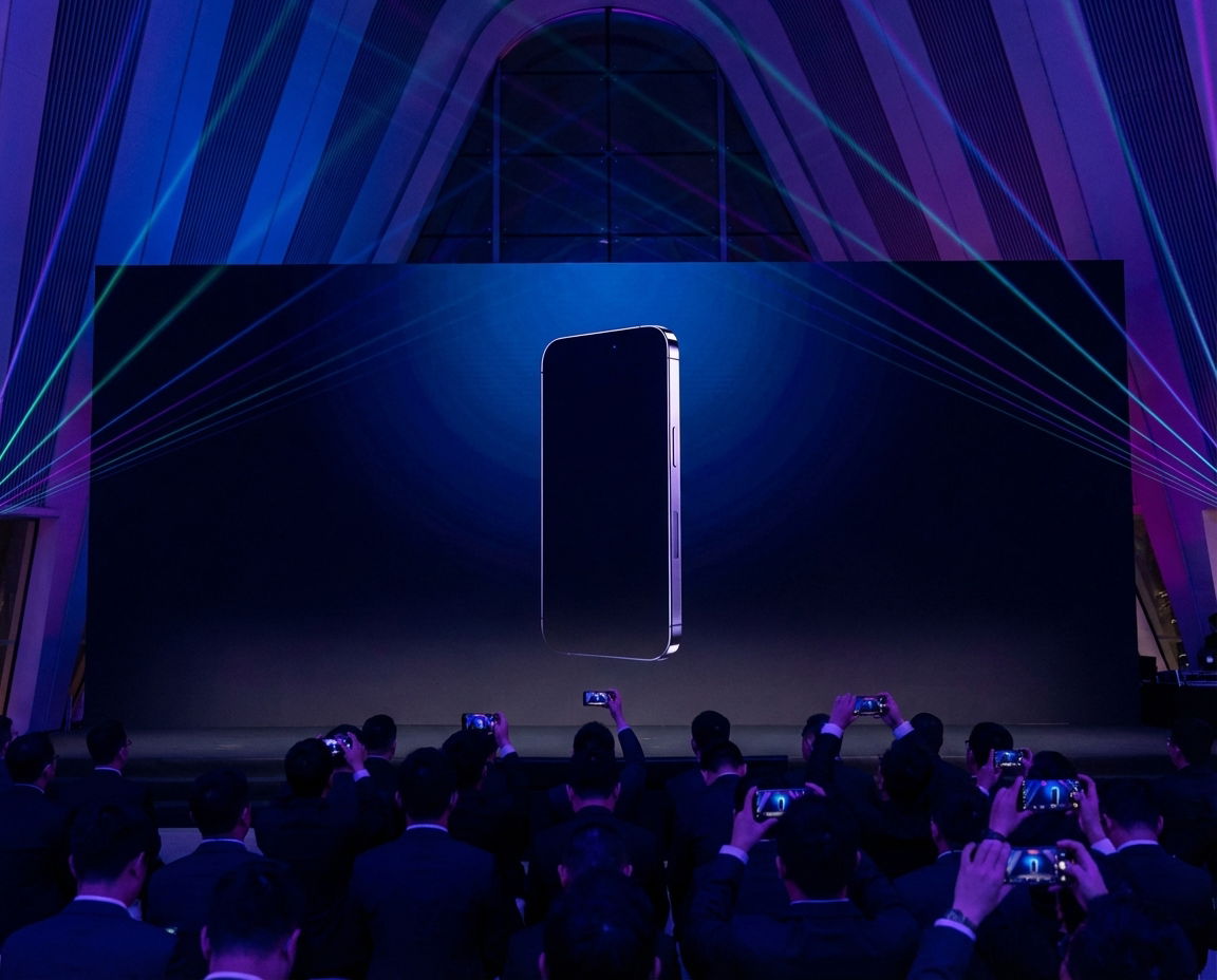 Stylized smartphone launch event scene in China with abstract lighting and device silhouette.