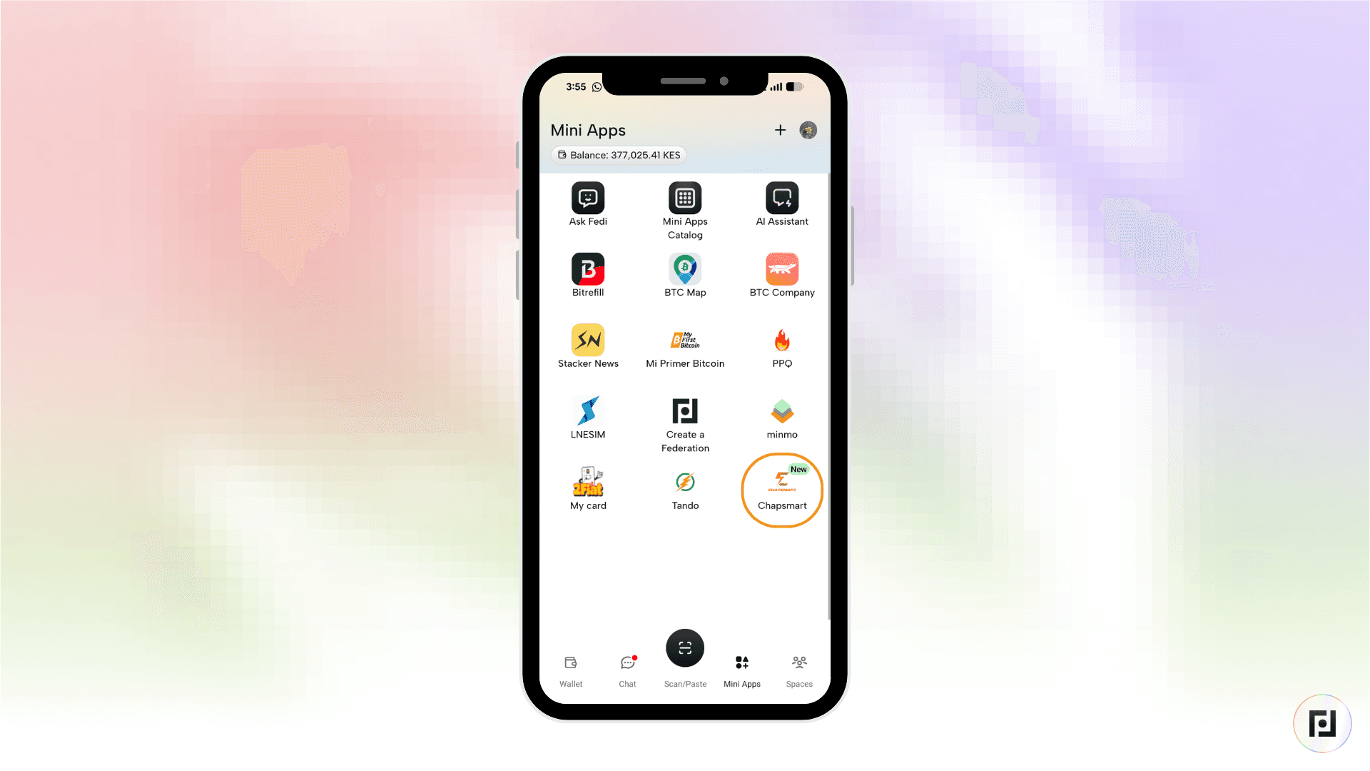 Fedi Mini Apps screen with the ChapSmart icon highlighted with a "New" badge, confirming successful installation