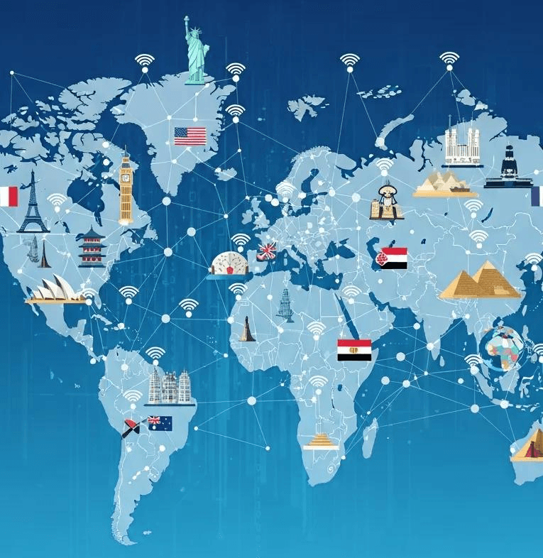 Illustration of global eSIM coverage with icons representing various countries and landmarks