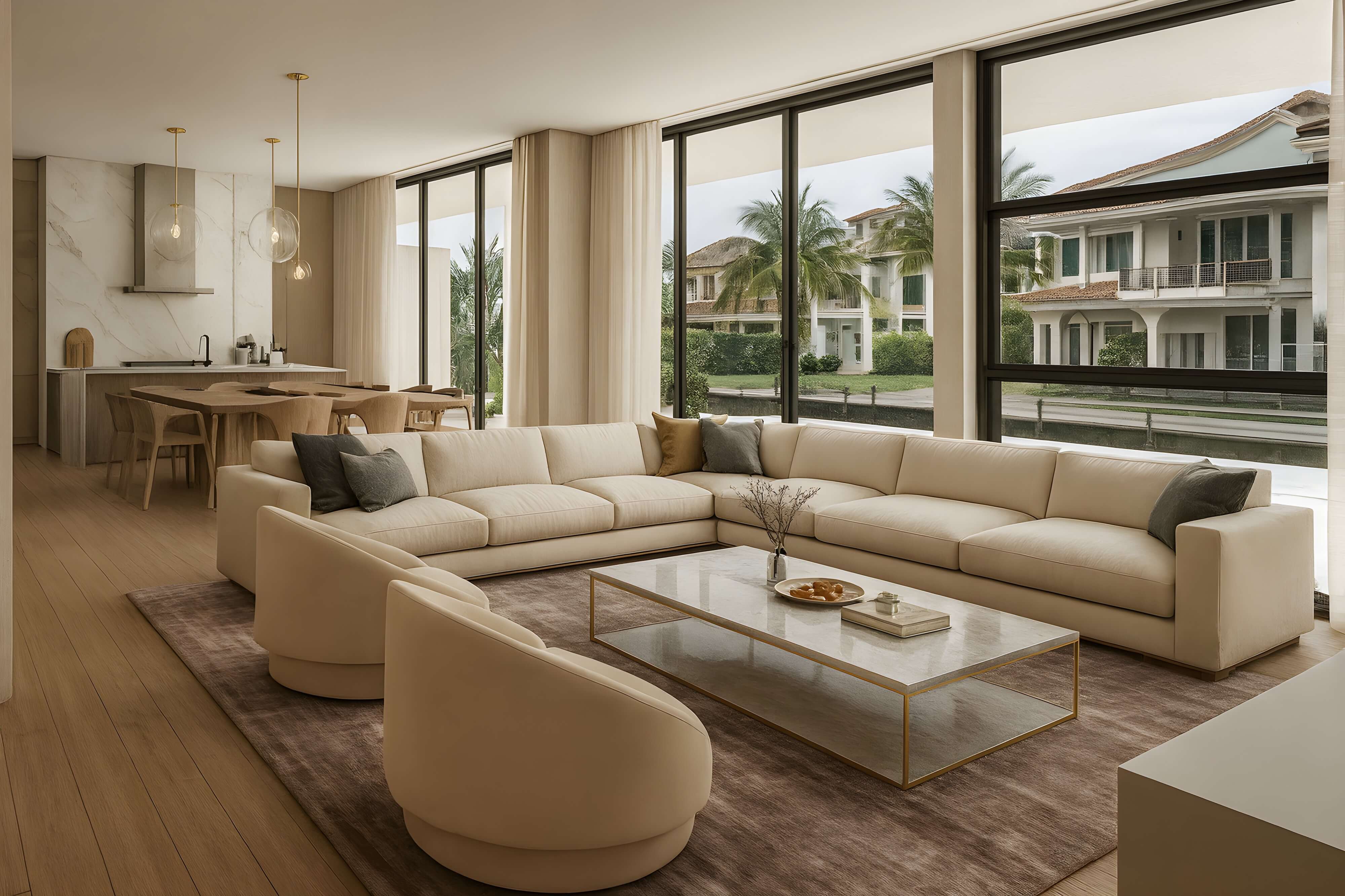 Contemporary open-concept living room with cream sectional sofa, swivel chairs, and marble coffee table, featuring floor-to-ceiling windows overlooking waterfront homes and a minimalist kitchen with marble backsplash.