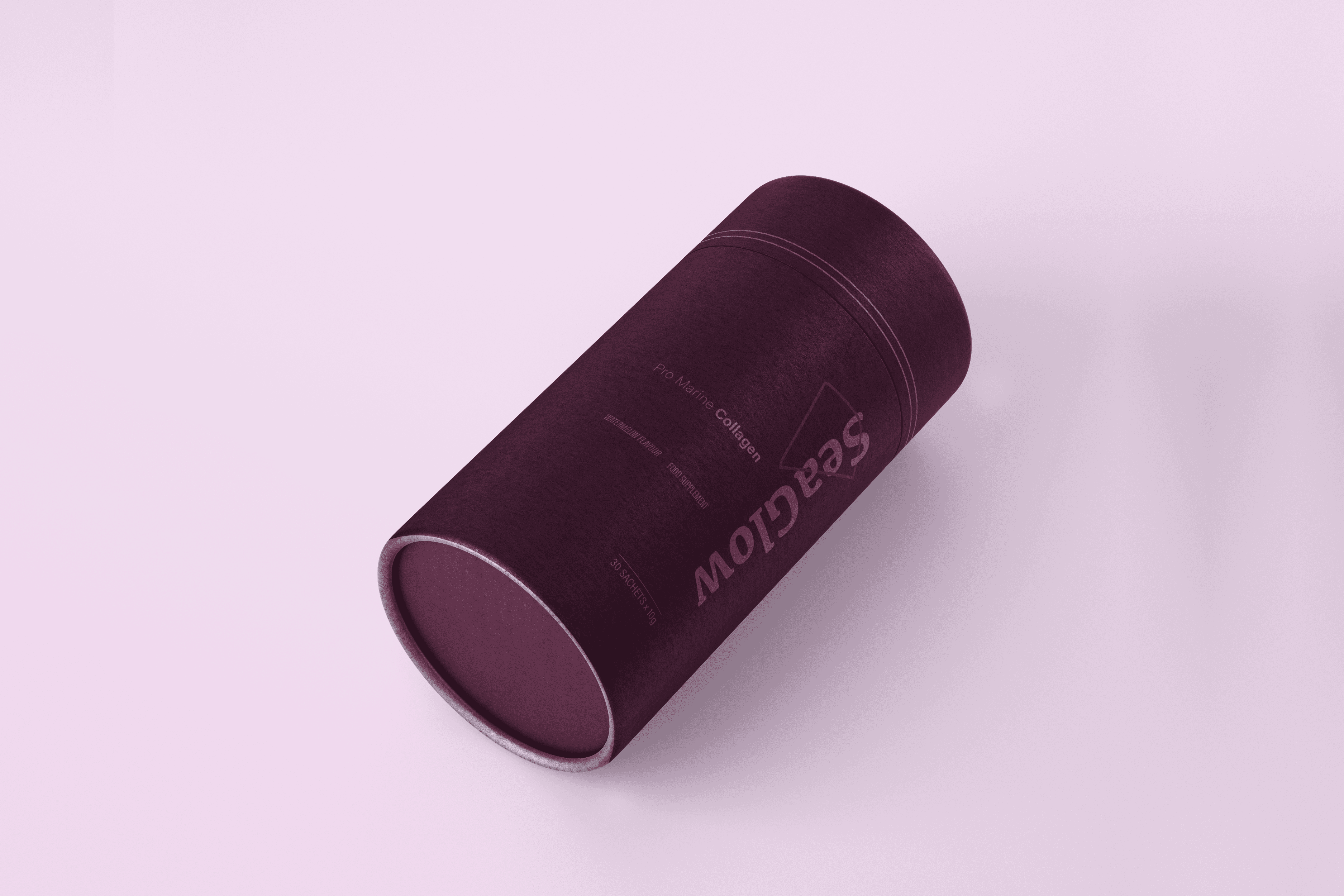 Environmentally friendly cardboard packaging for a collagen company, SeaGlow. Pink, clean design with a pink background.