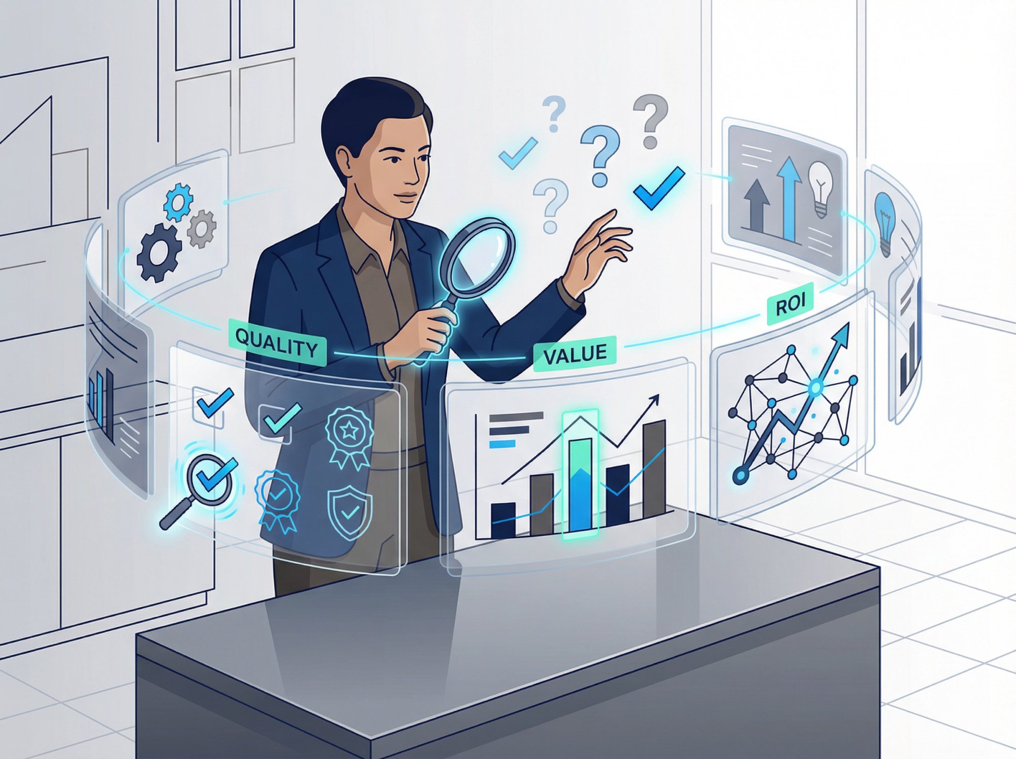 Modern business professional evaluating cold email agency options with quality indicators and decision-making framework