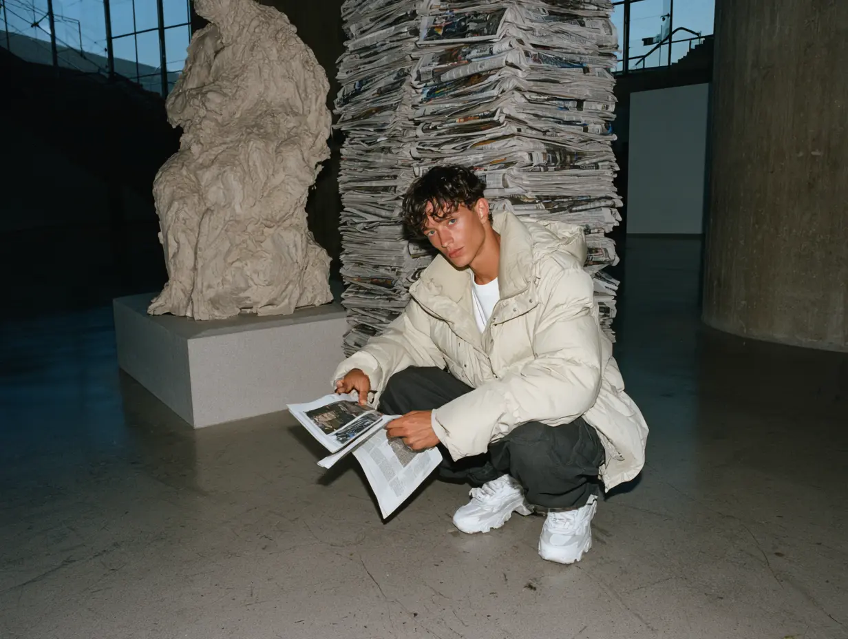 Male model in a cream puffer jacket crouching with a newspaper beside a sculpture and a stack of newspapers in a concrete gallery, premium lifestyle fashion