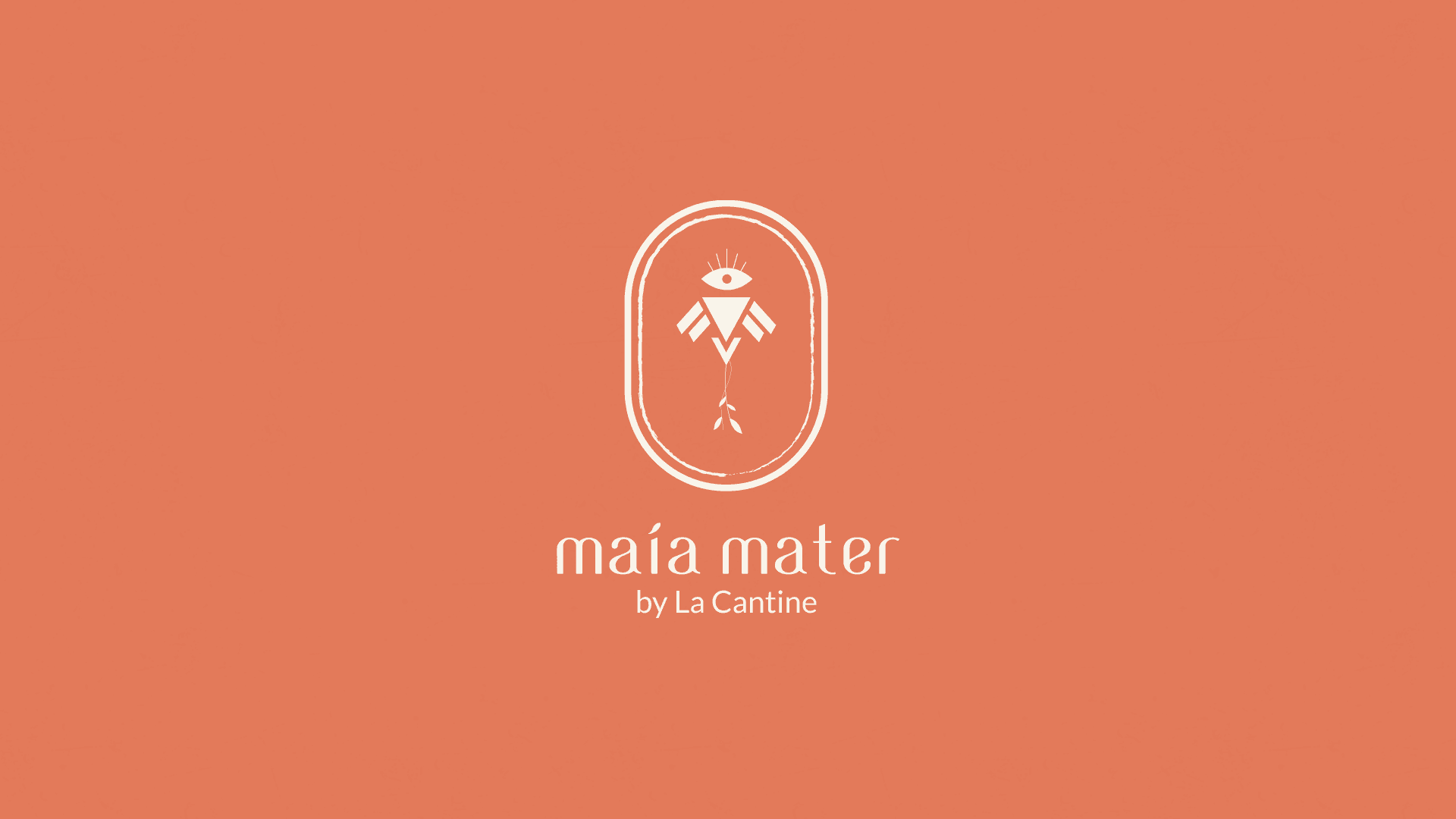 Logo de Maía Mater by La Cantine avec un design minimaliste, représentant un œil stylisé au-dessus d'un symbole géométrique, sur un fond terracotta. Branding d'une marque créative.