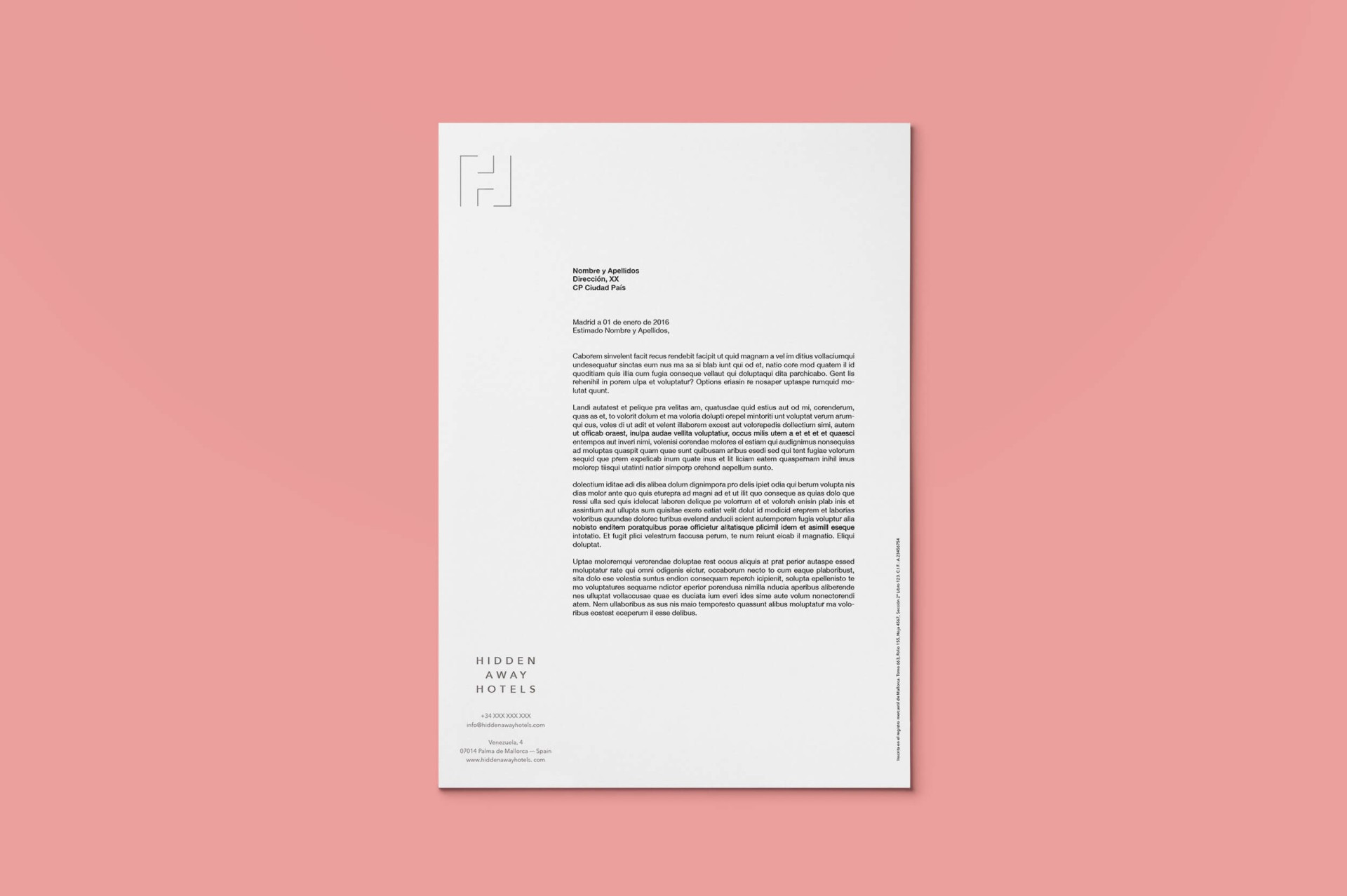 Carta de oferta de empleo sobre papel blanco, diseño minimalista de Hidden Away Hotels, fondo rosa.