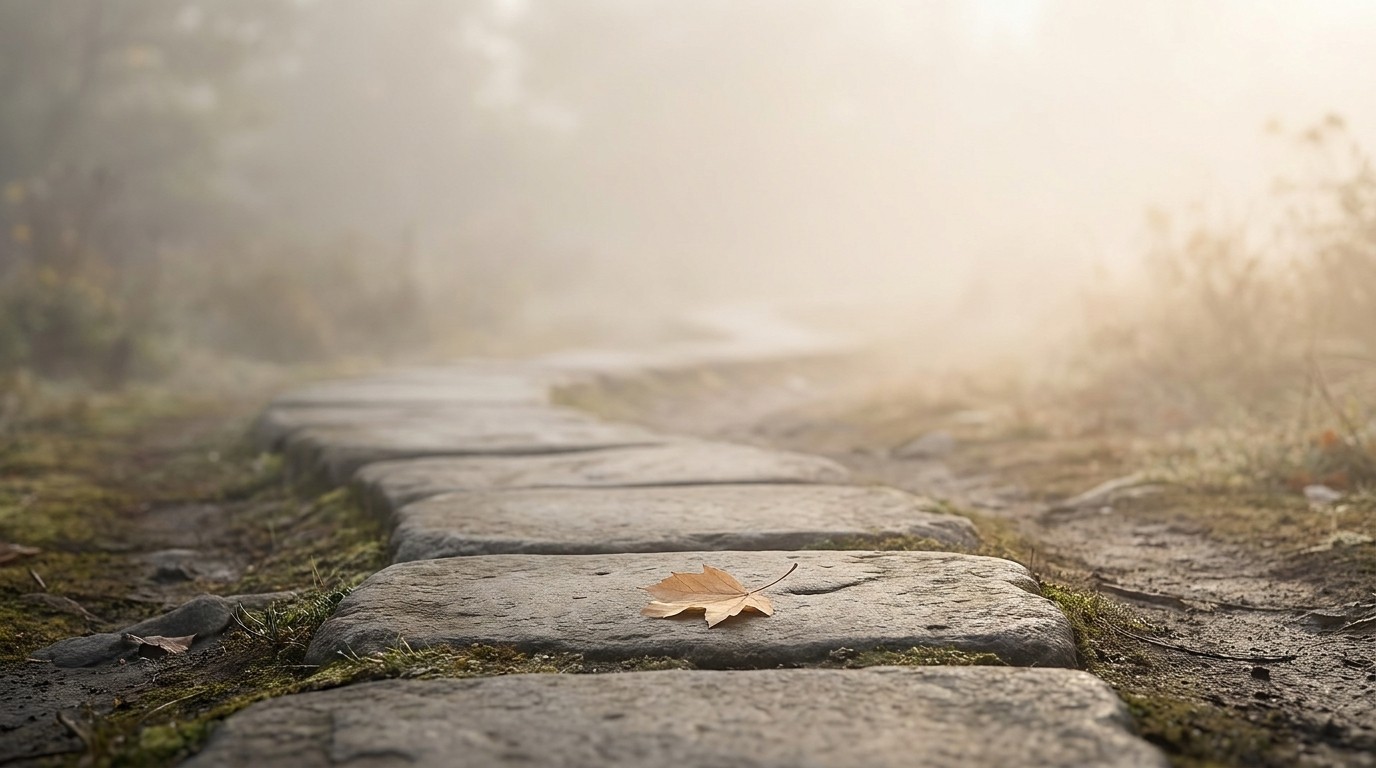 A minimalist, atmospheric scene of a stone pathway made of large weathered slabs leading forward into soft fog and warm light. A single fallen autumn leaf rests on one of the stones in the foreground, creating a quiet focal point. The ground around the path is natural earth with subtle moss and sparse vegetation. The image feels calm, reflective, and symbolic, with muted neutral tones and a gentle sense of direction, uncertainty, and hope.
