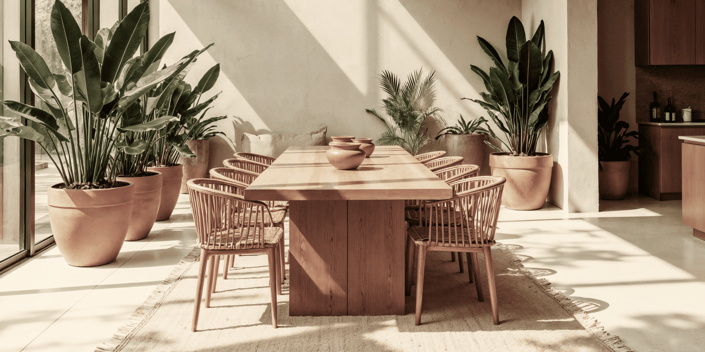 Sunlit dining area with wooden table, woven chairs, and large potted green plants