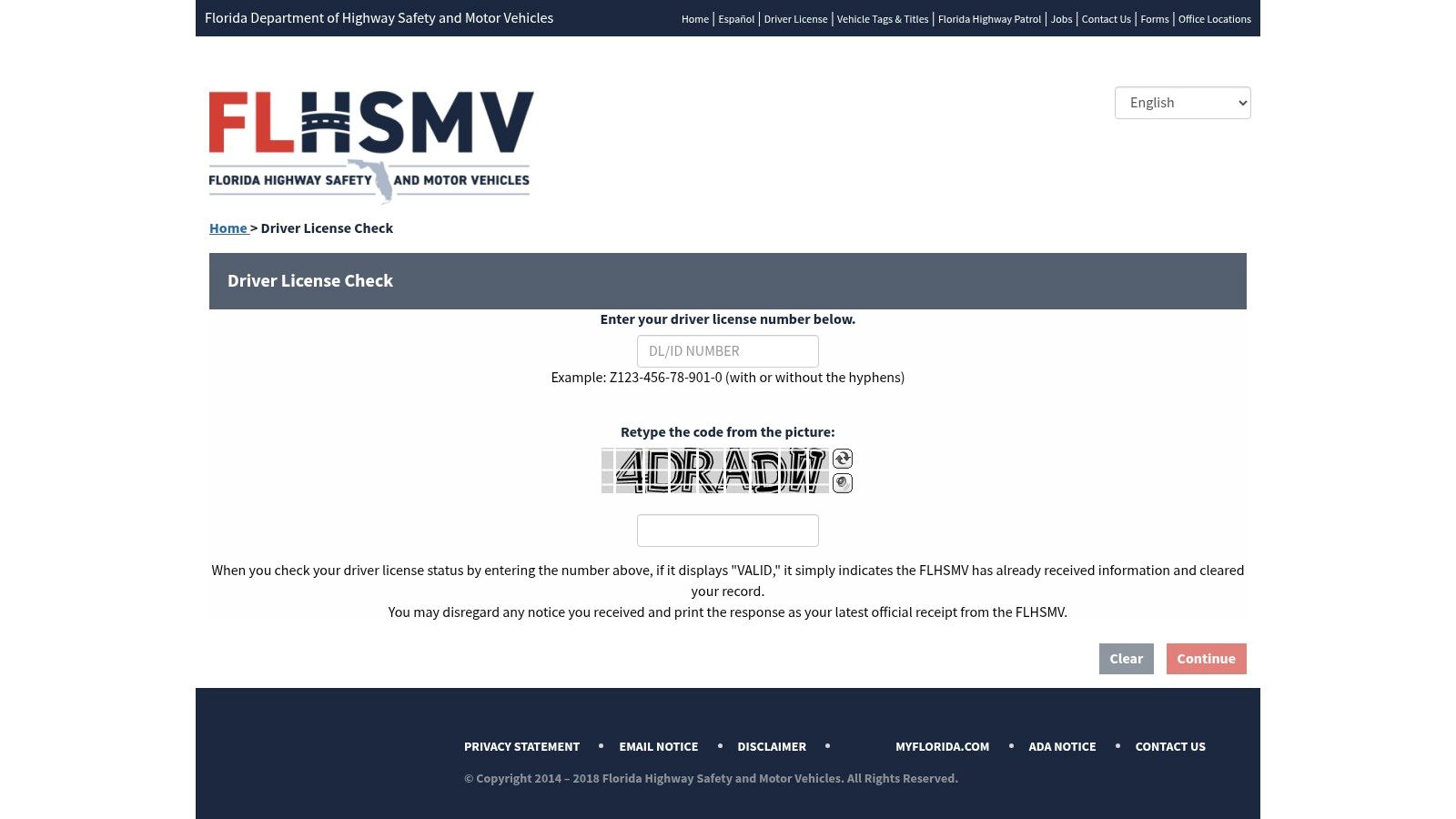 Screenshot of the Florida Highway Safety and Motor Vehicles portal for checking a driver license status online.