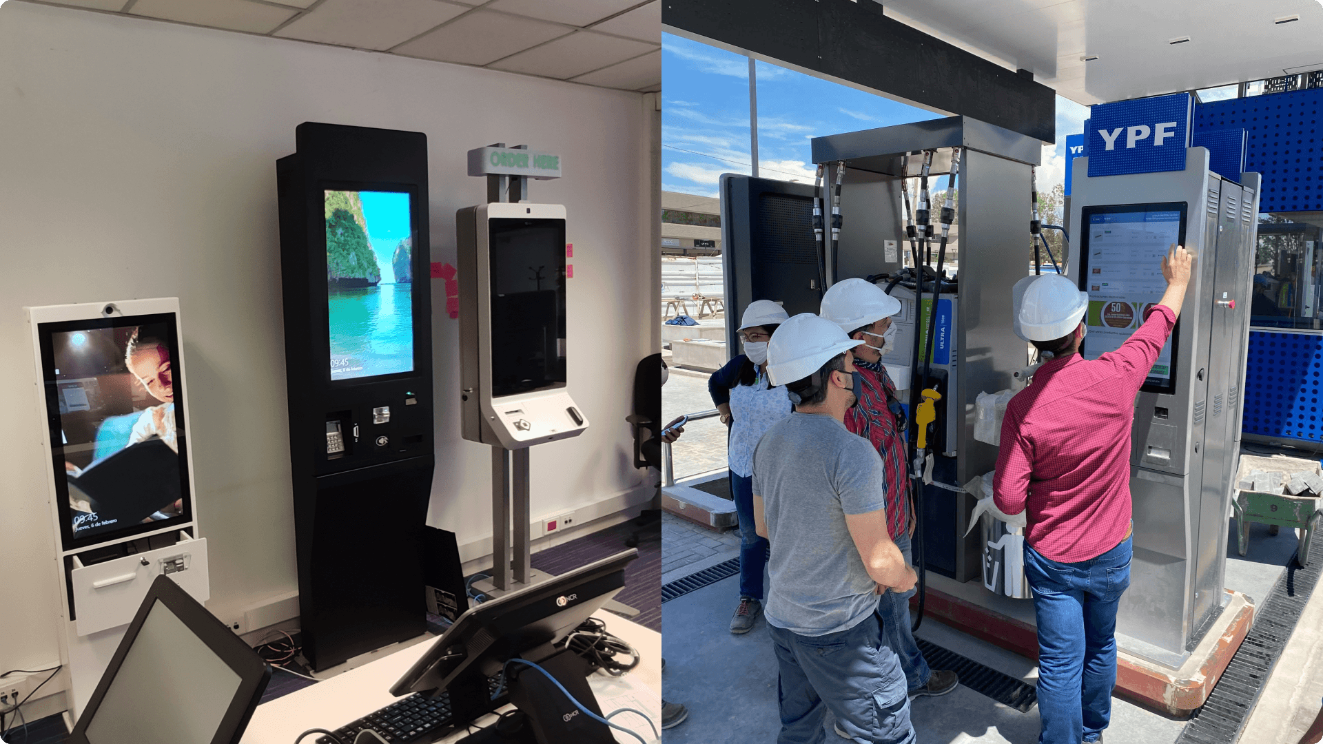 To the left 3 digital kiosk that are one next to the other. On the right 4 man using a digital kiosk on a self-service gas station