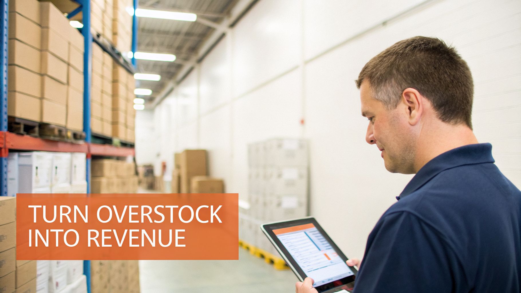 Man in a warehouse using a tablet to manage inventory and turn overstock into revenue.