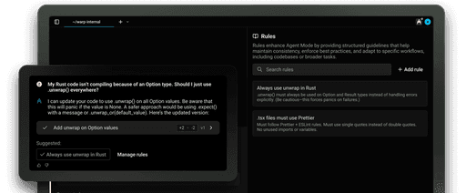 Warp AI coding assistant showing Rust code error and suggesting a fix with rules for consistent code formatting and usage.