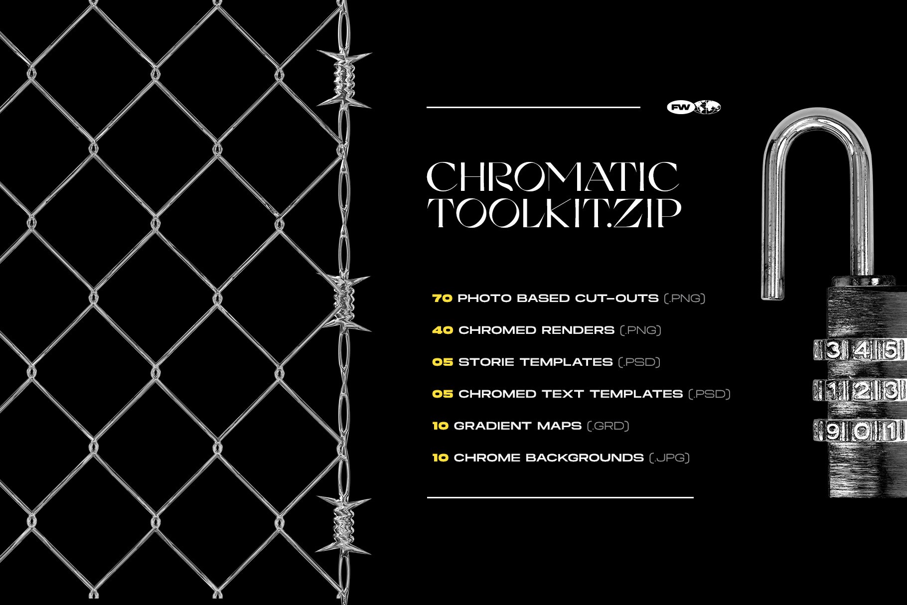 Chromatic Toolkit full package content list featuring chrome backgrounds text templates and wire fence graphics