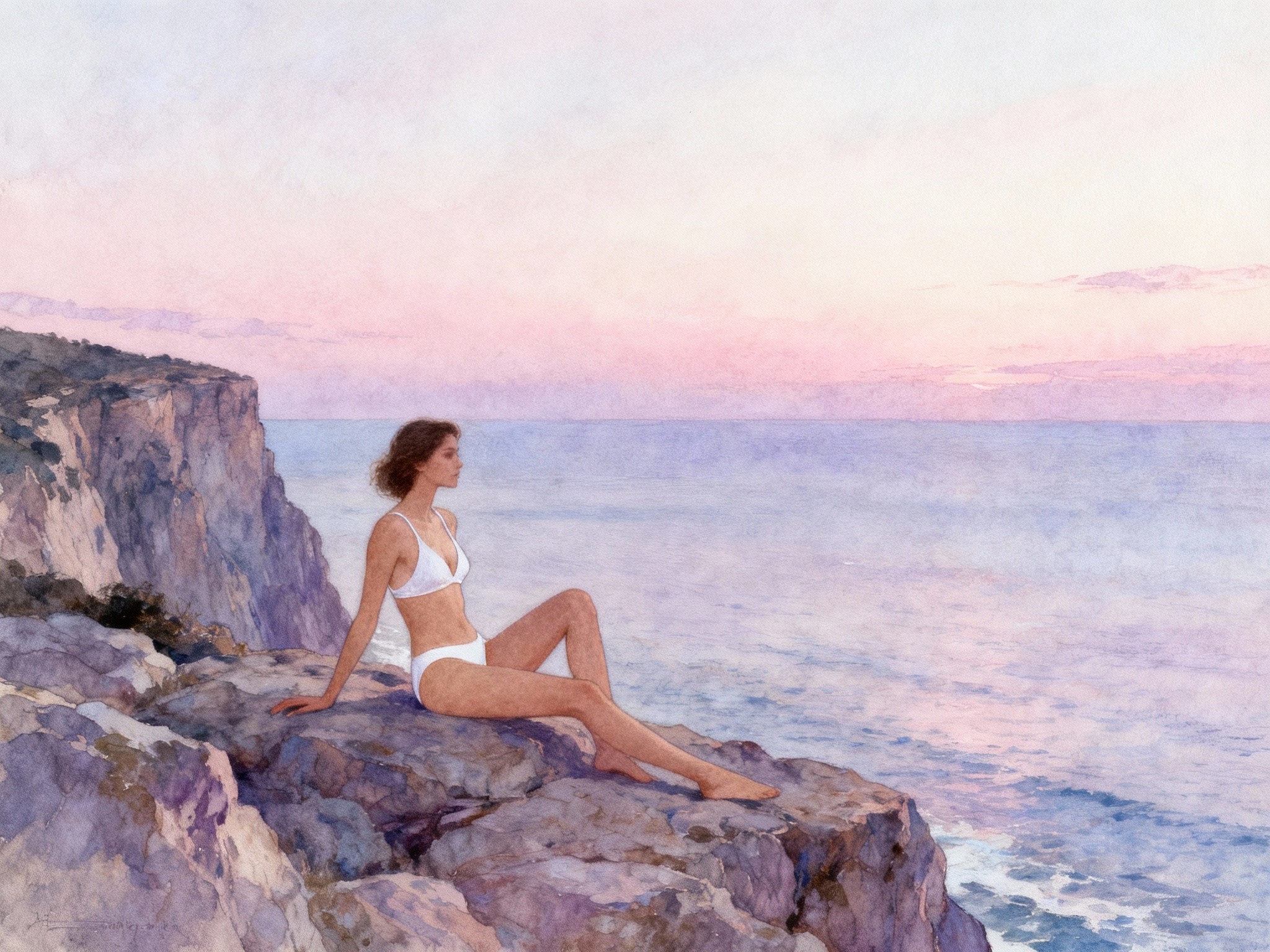 An atmospheric fine-art illustration of a serene seaside cliff overlooking a calm ocean at twilight