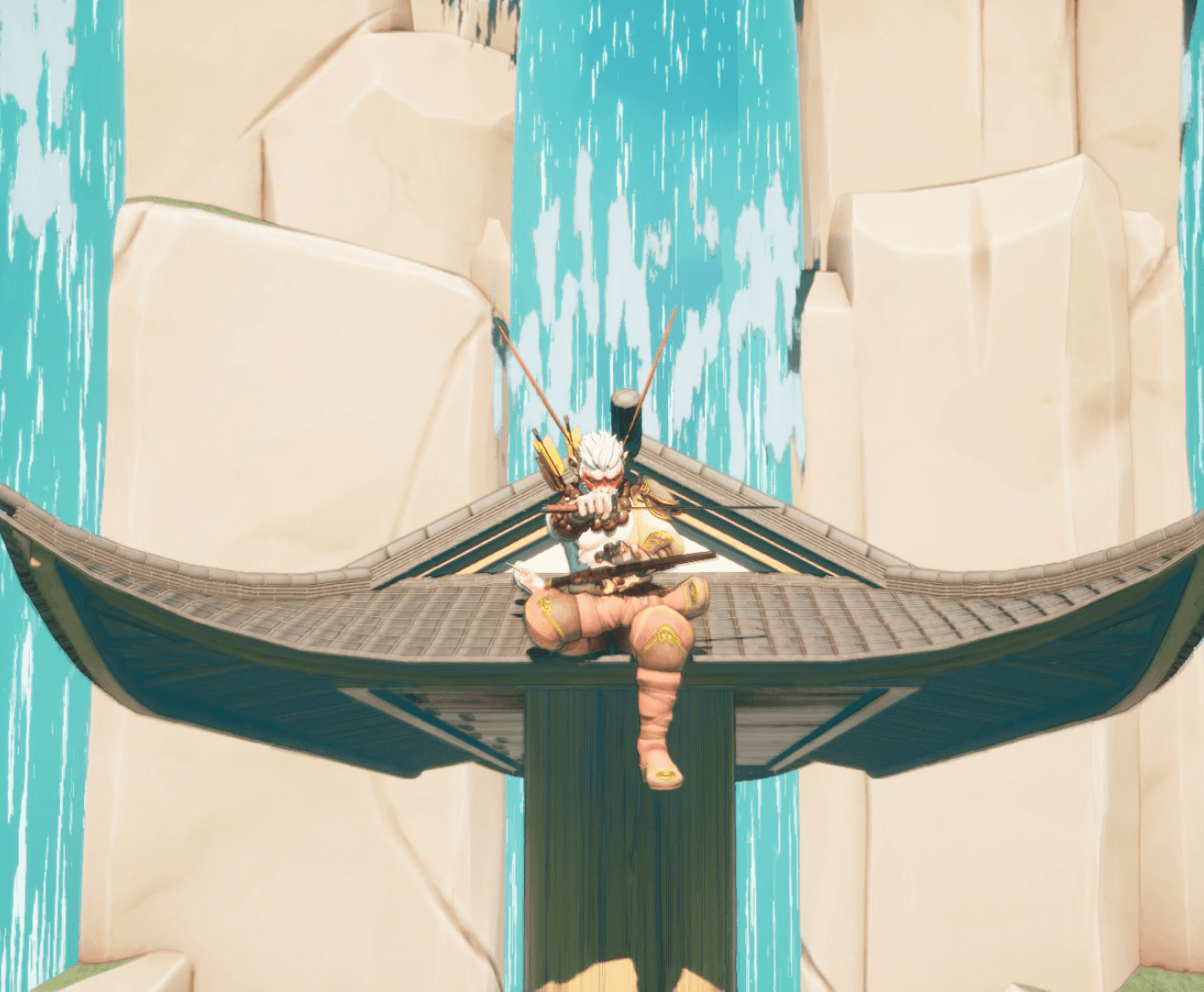 a character sitting on a traditional Asian-style pavilion, surrounded by large, stylized rock formations and flowing water. The character, dressed in elaborate attire, holds a weapon and appears poised and alert