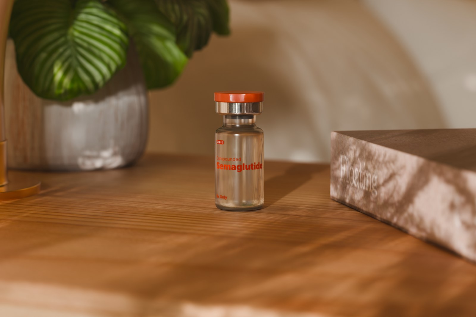 A vial of SeshDx compounded semaglutide on a wooden table beside a plant.