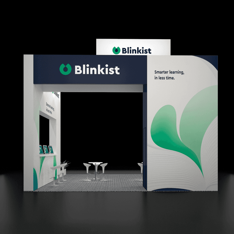 20x20 branded island exhibit with digital content and open visitor flow