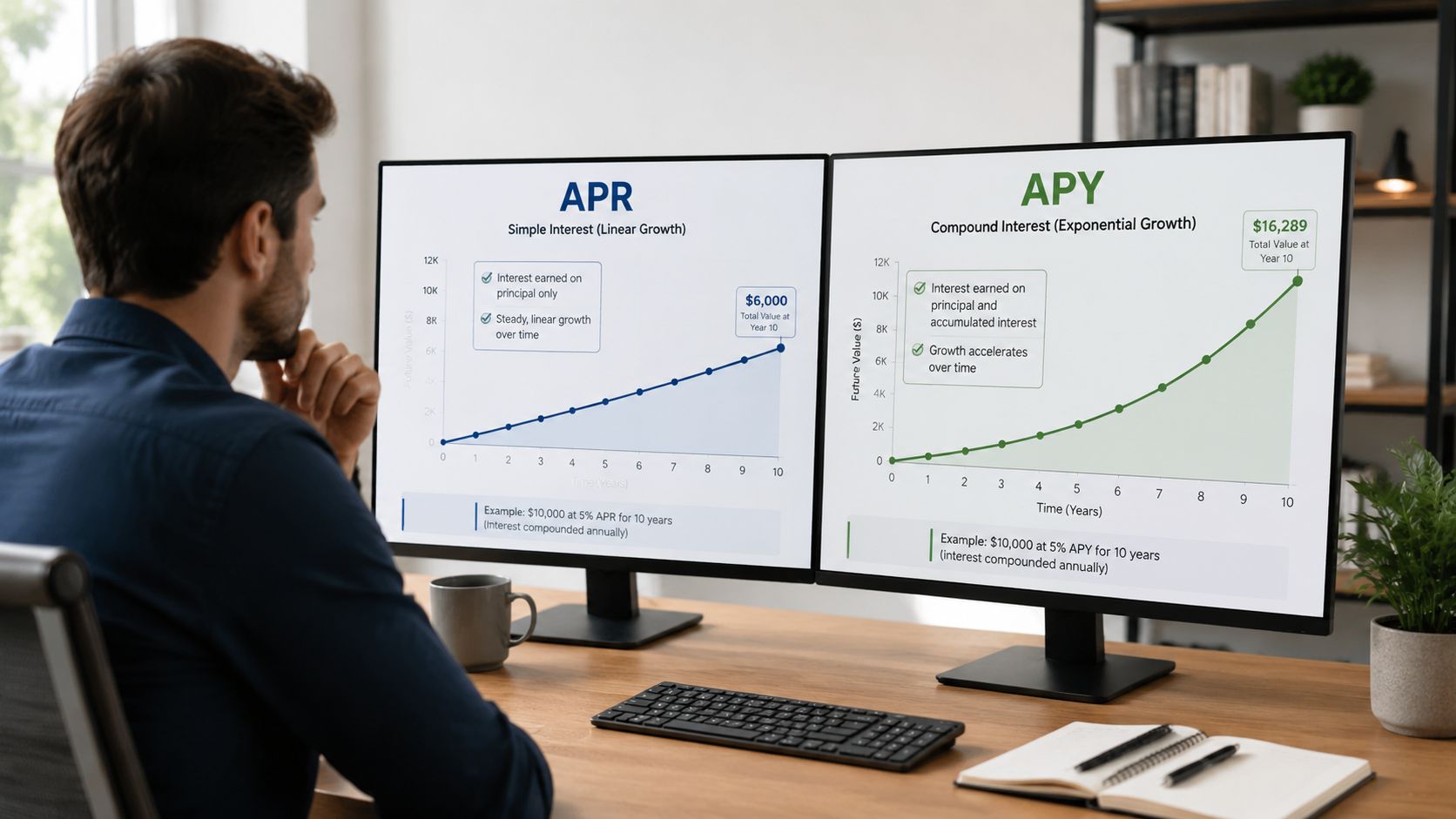 A person looking at two computer monitors comparing simple APR interest growth with exponential APY compound interest.