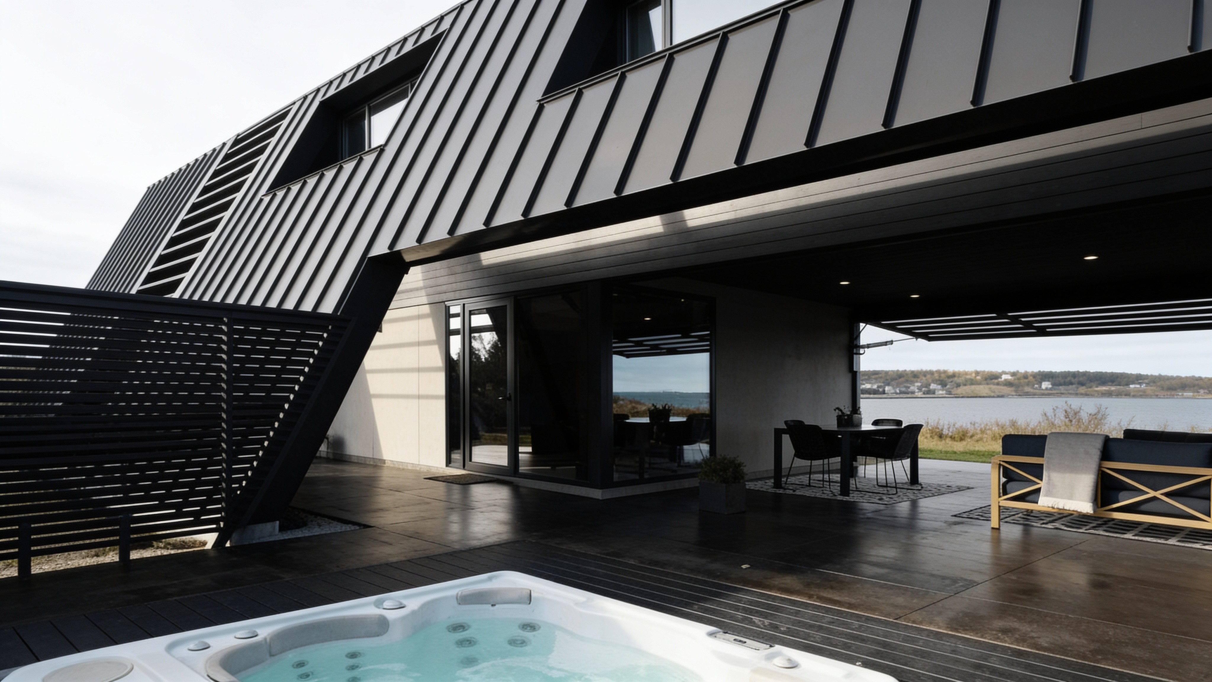 Modern black-metal waterfront home with a PowerLift hydraulic canopy door open
