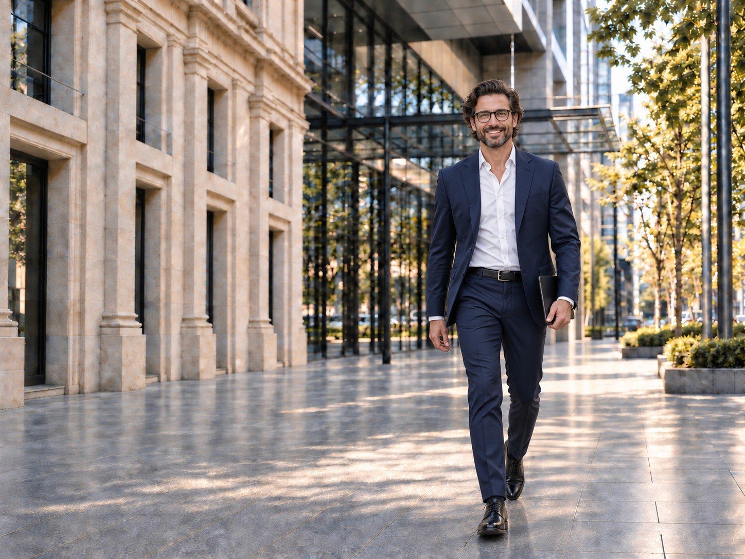 Consultor de AF Innovación caminando frente a un edificio corporativo