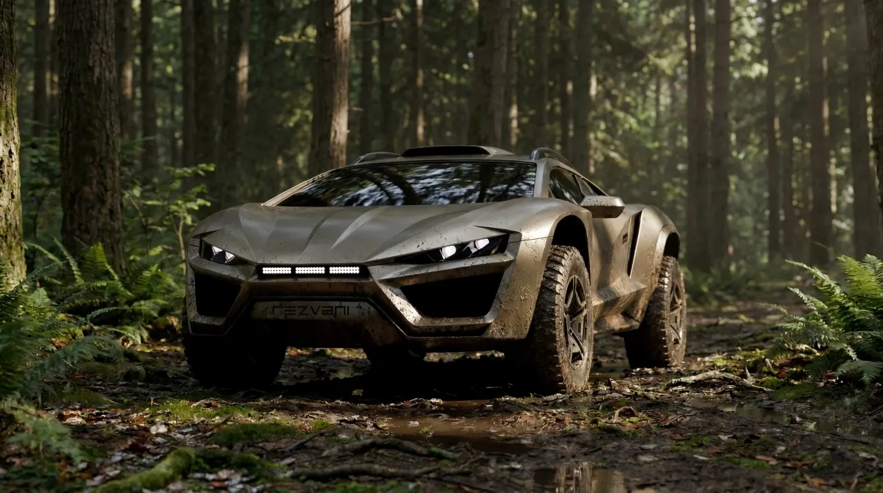 The image showcases a rugged, futuristic off-road vehicle with a sleek, angular design, navigating through a dense, sunlit forest, surrounded by tall trees and lush green ferns.