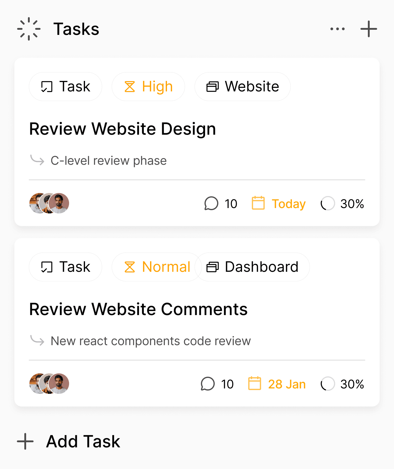 Task management interface showing organized task list with priorities, deadlines, and progress tracking