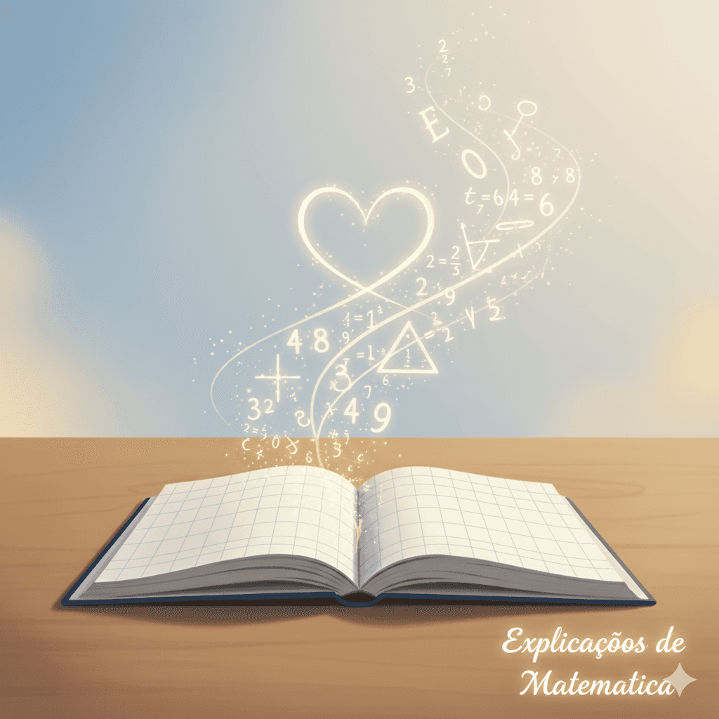Caderno aberto com números e símbolos matemáticos a emergir com coração simbolizando paixão pela matemática
