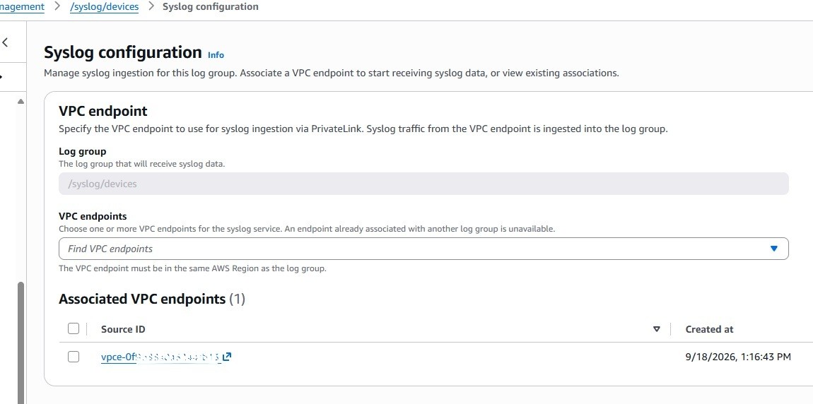Syslog configuration associating the interface VPC endpoint with the CloudWatch log group.