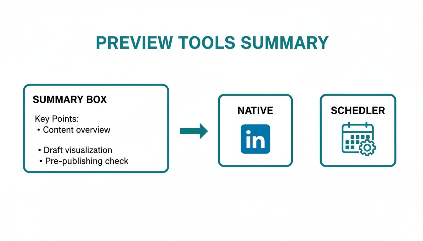 A summary diagram of content preview tools, including a summary box, native LinkedIn, and a scheduler.