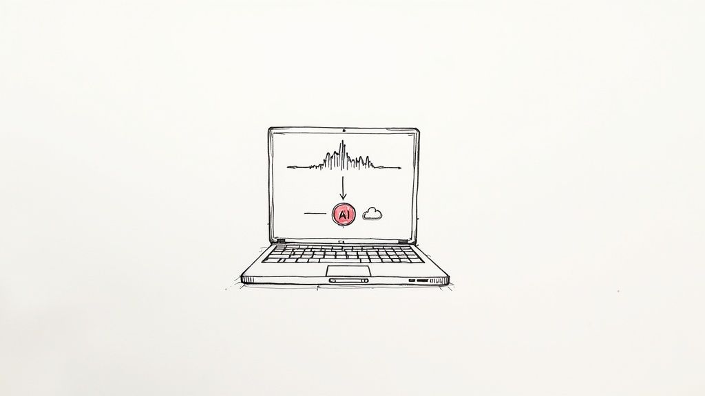 A hand-drawn laptop illustrates audio data being processed by AI and sent to the cloud.