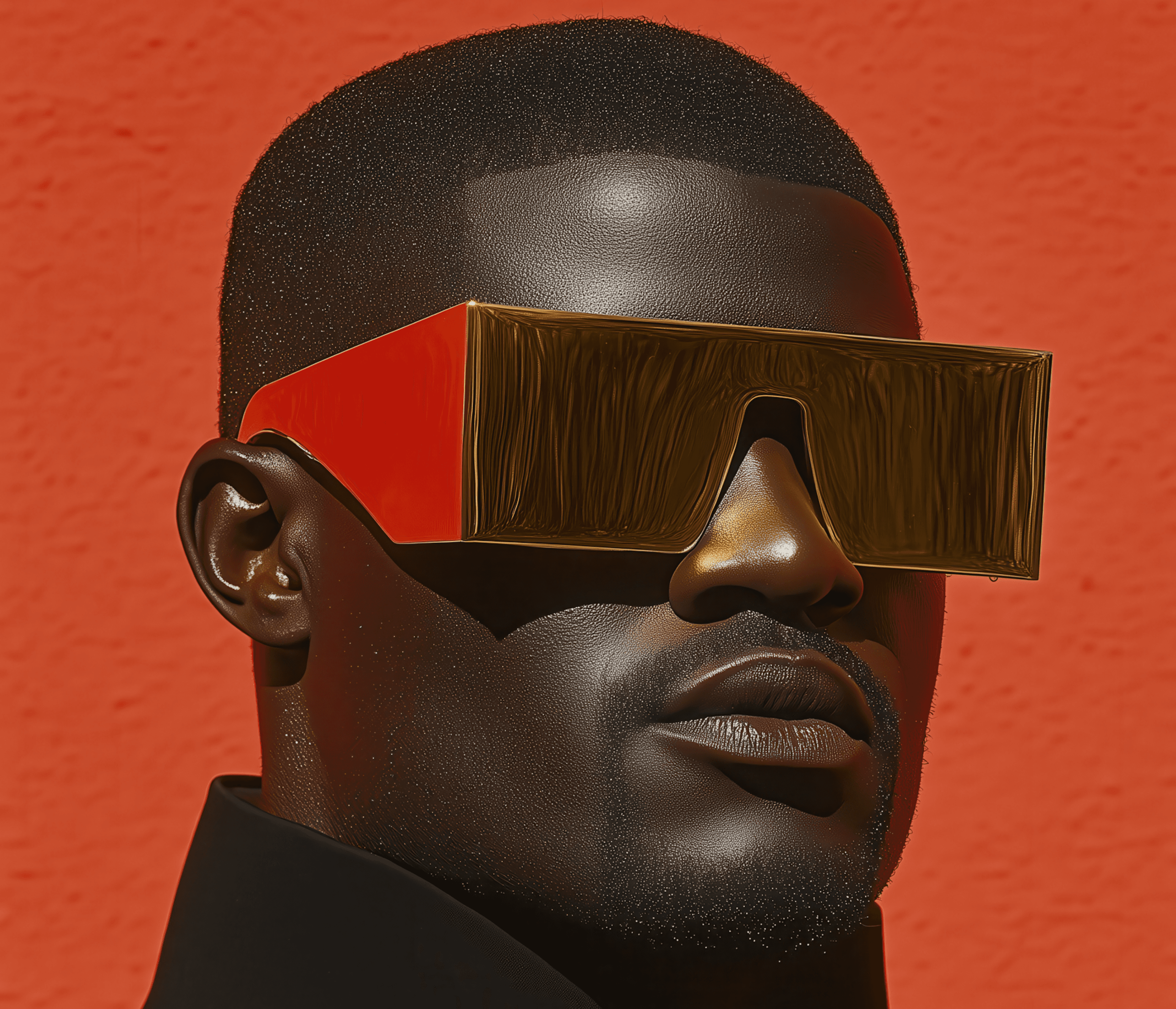 Person wearing futuristic gold sunglasses.