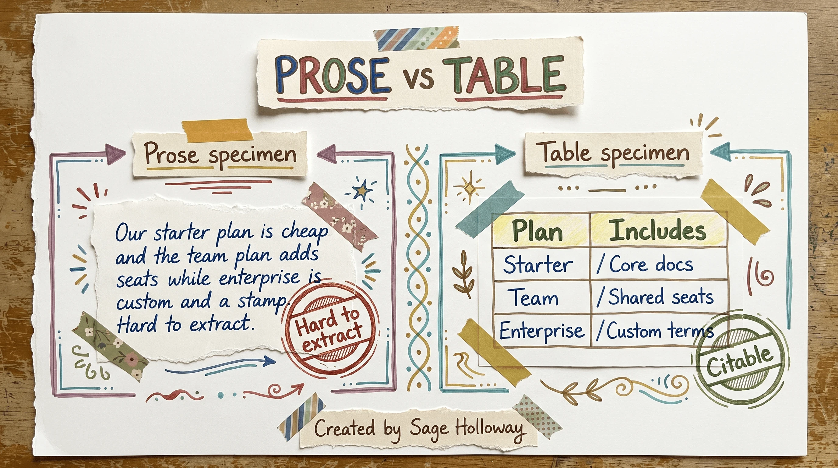 Side-by-side table comparing a dense prose pricing block to an extractable comparison table