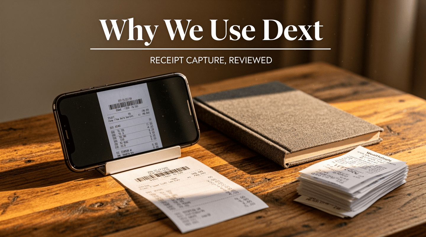 A phone capturing a receipt that flows into a tidy ledger, with the post title overlaid.