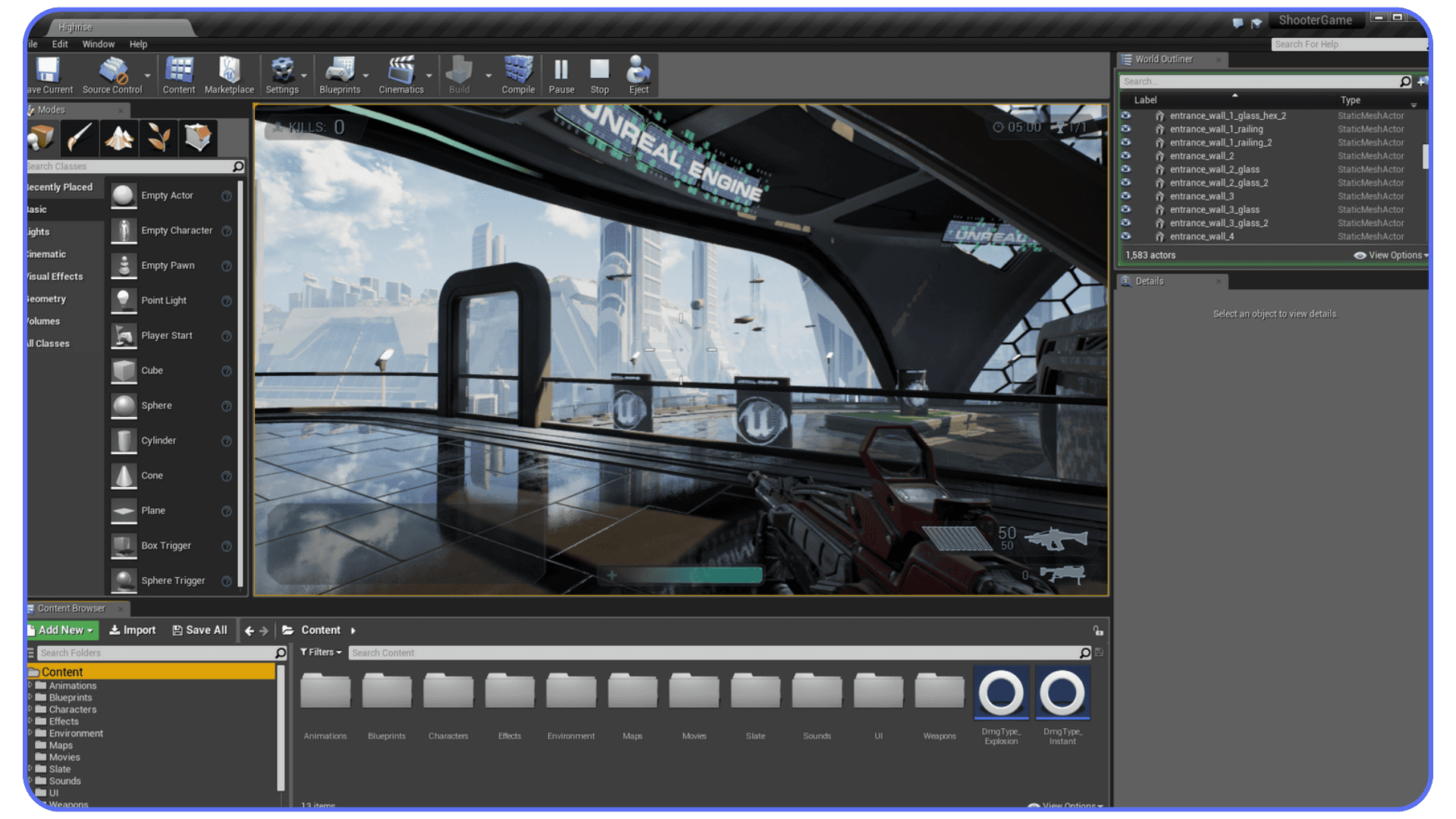 First-person gameplay scene previewed inside Unreal Engine editor