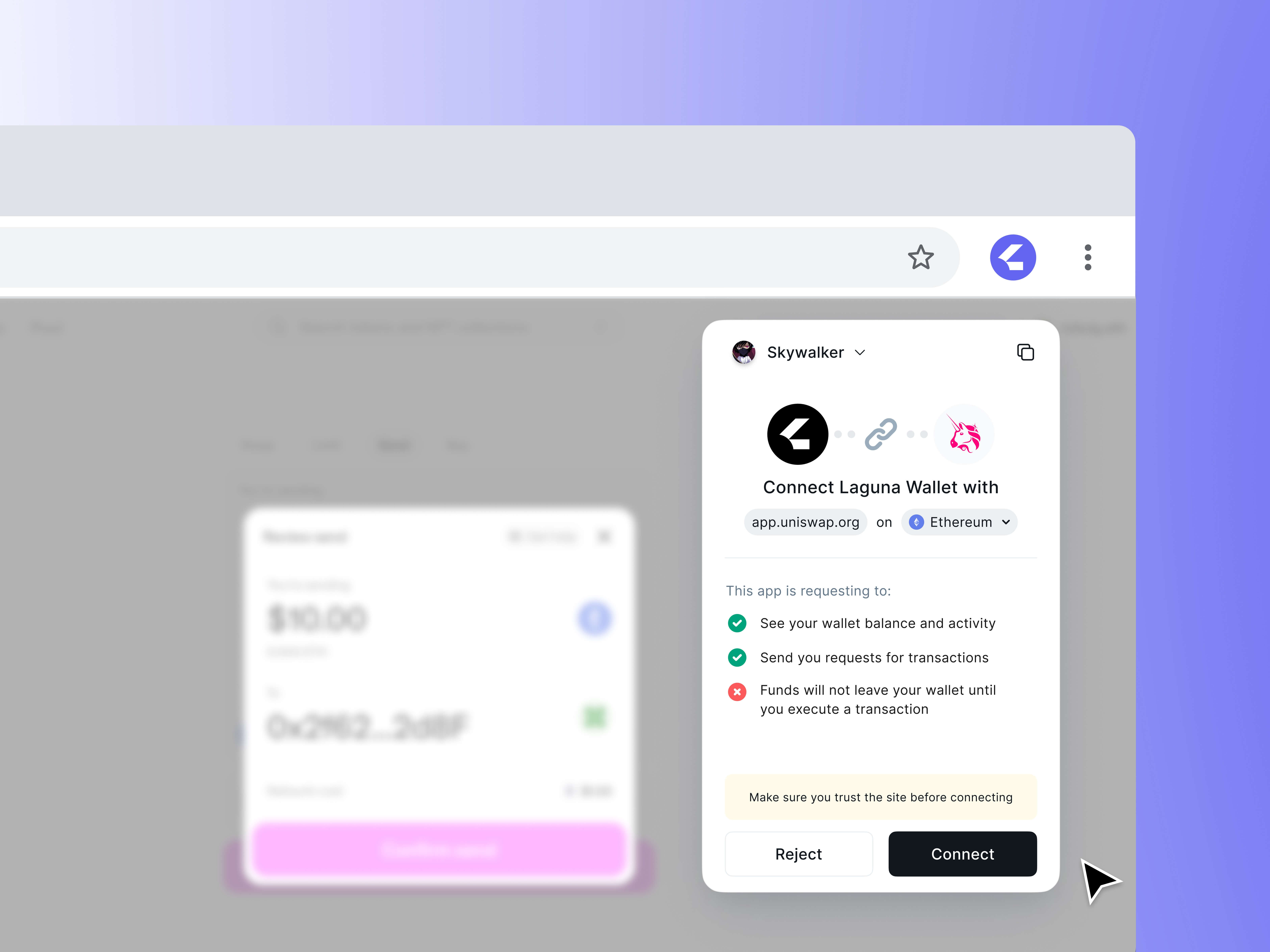 Laguna Wallet non-custodial connection request UI showing integration with Uniswap and permission details for secure DeFi access