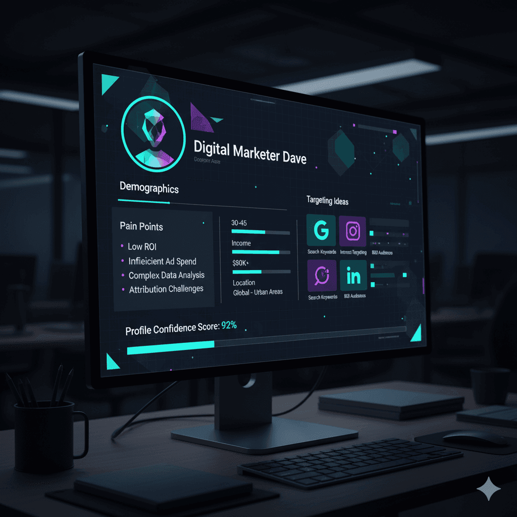 Customer persona builder tool interface. A free strategic AI marketing resource by Mahendra R, digital marketing specialist.