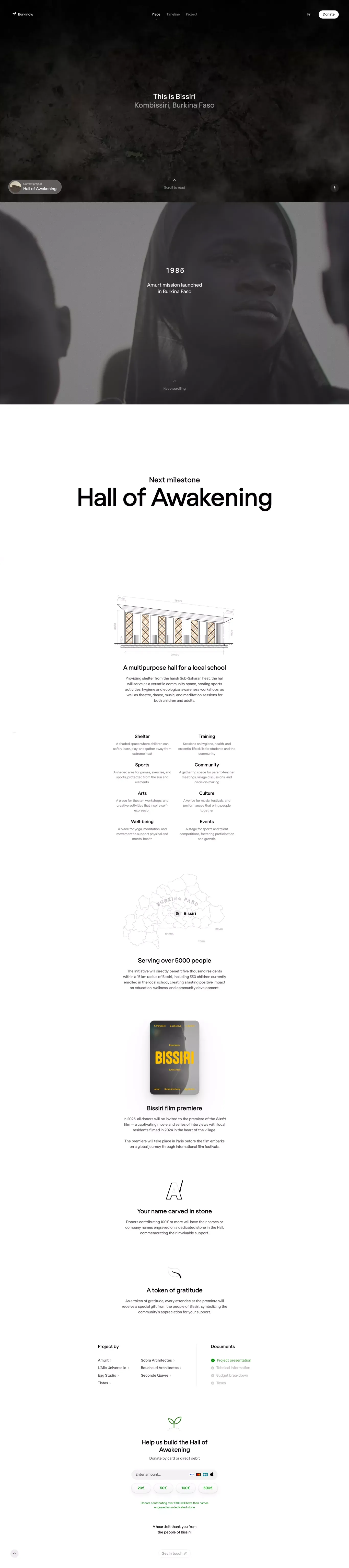 Burkinow: Bissiri portfolio page screenshot showcasing Architecture and Charity design