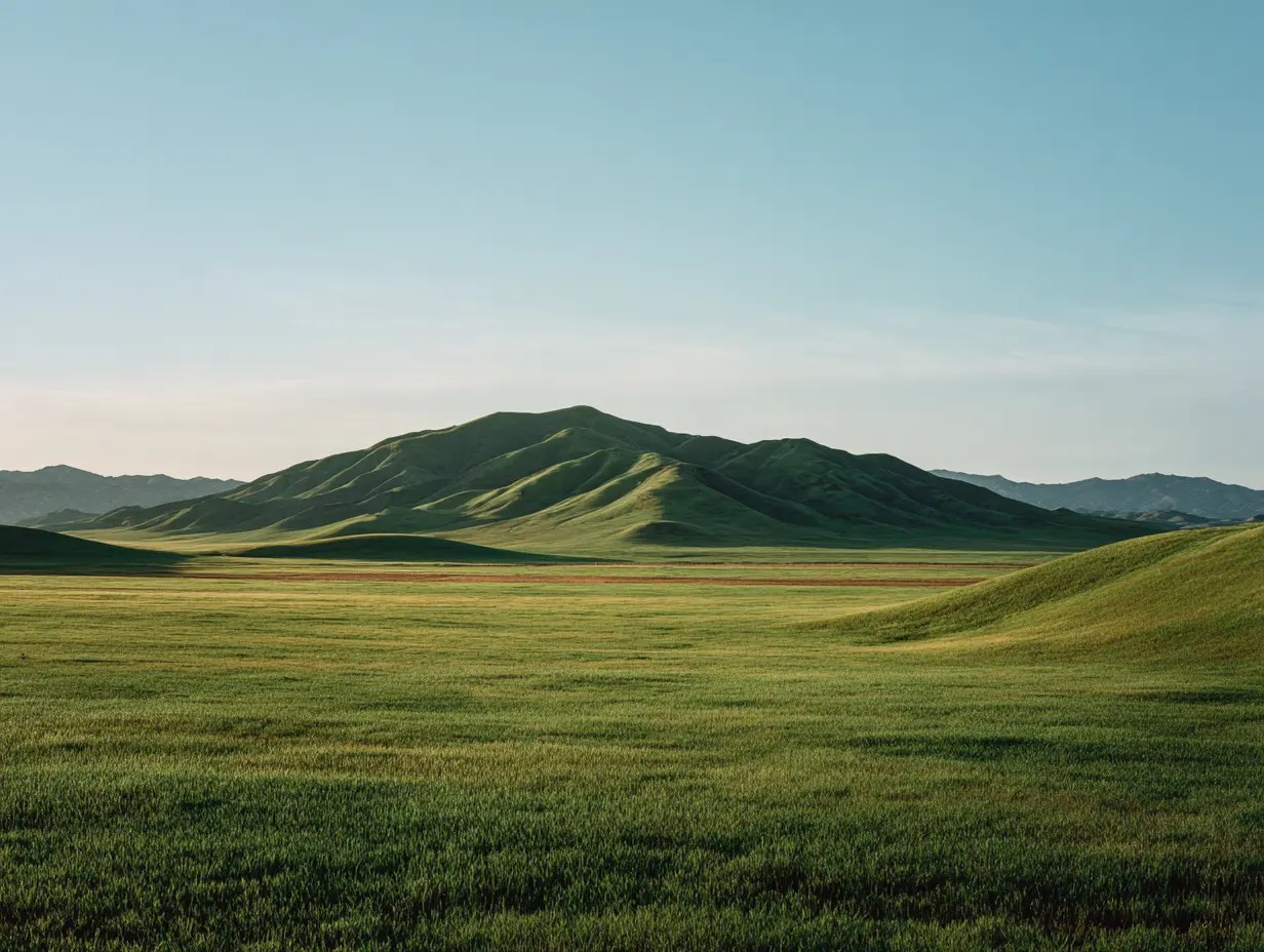 Rolling green hills stretch toward a distant mountain range under a clear, pale blue sky.