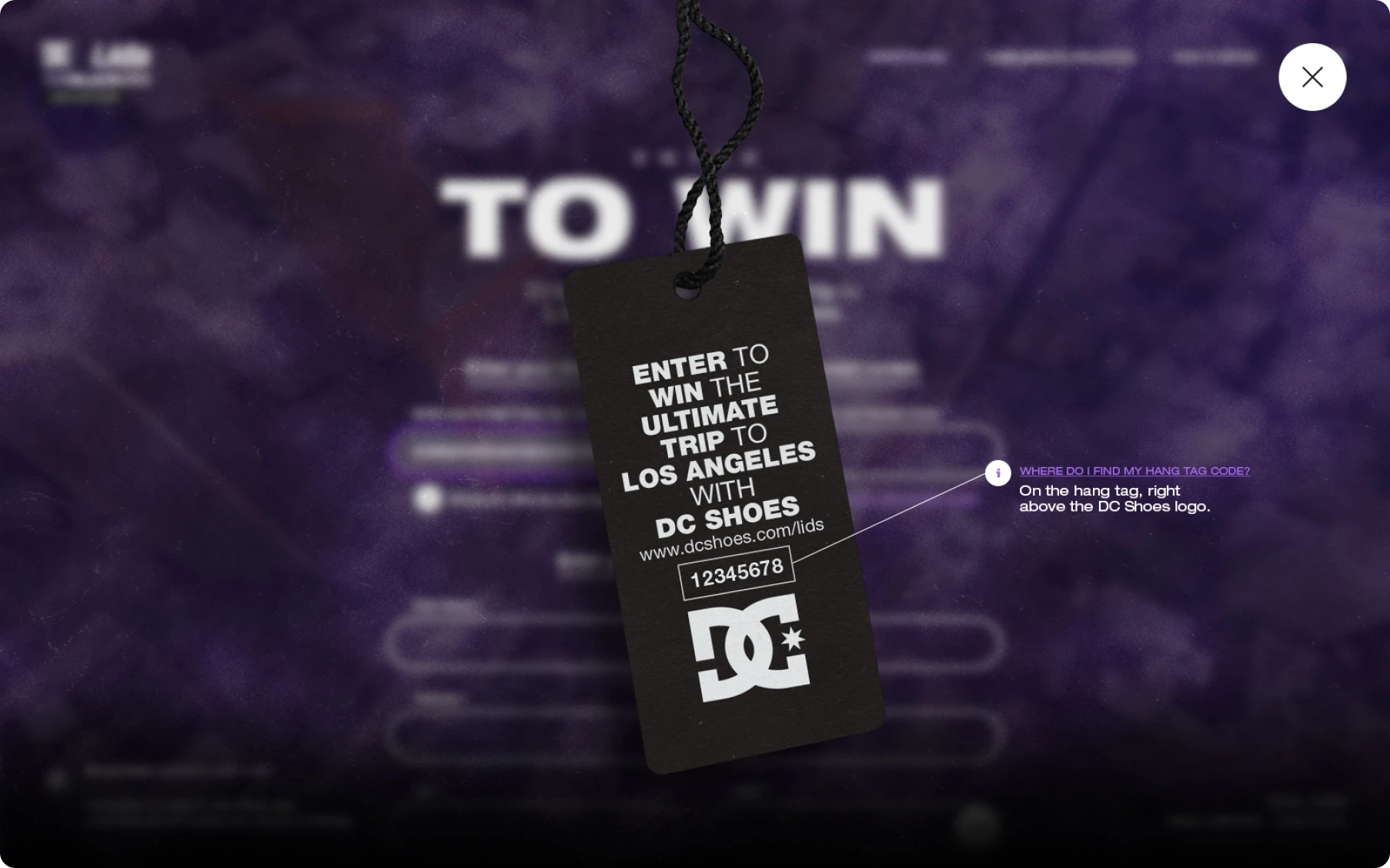 Black DC Shoes giveaway tag hangs over a blurred purple webpage reading “TO WIN,” promoting an ultimate Los Angeles trip; suspenseful tone.