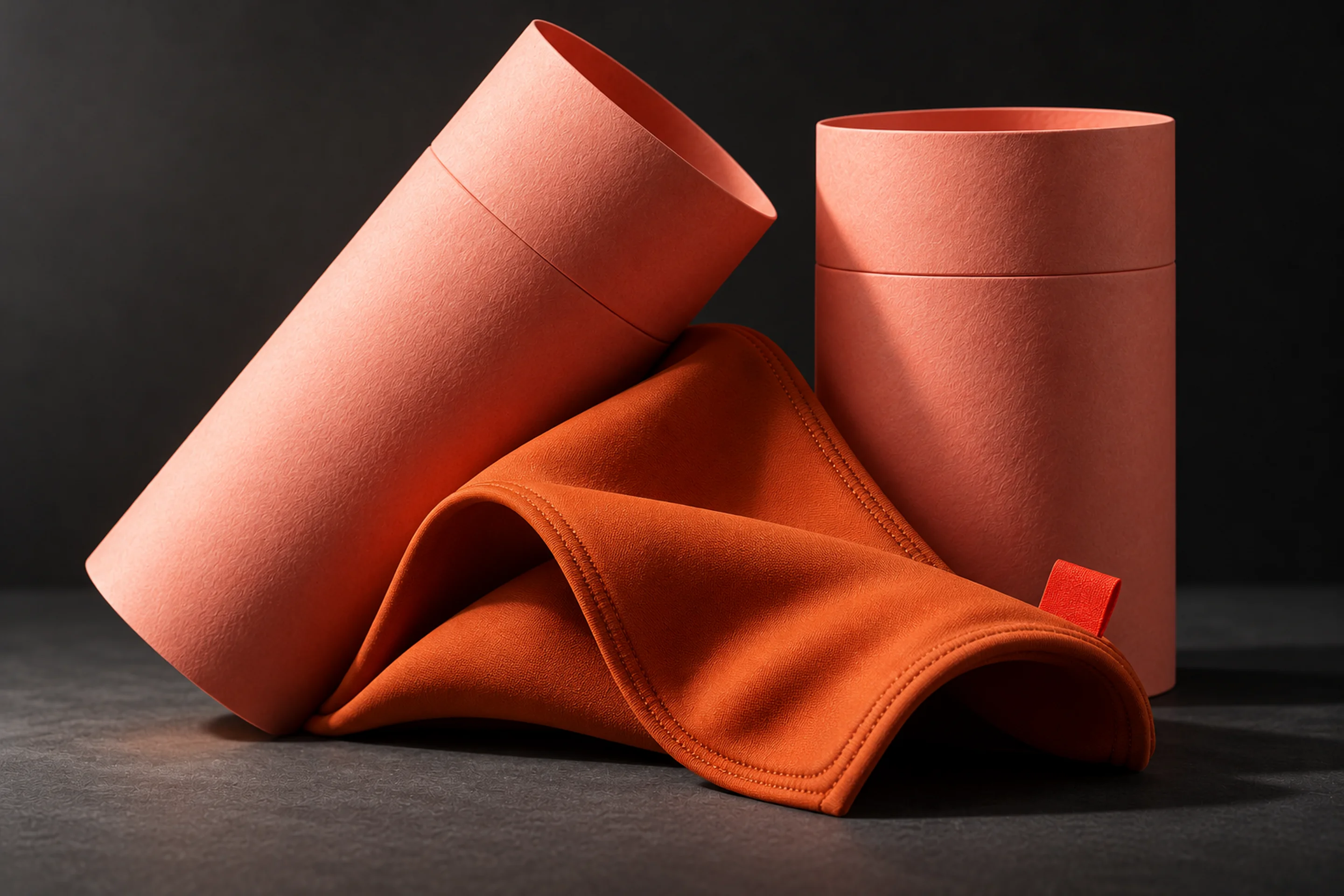 Coral paper tubes with folded orange fabric