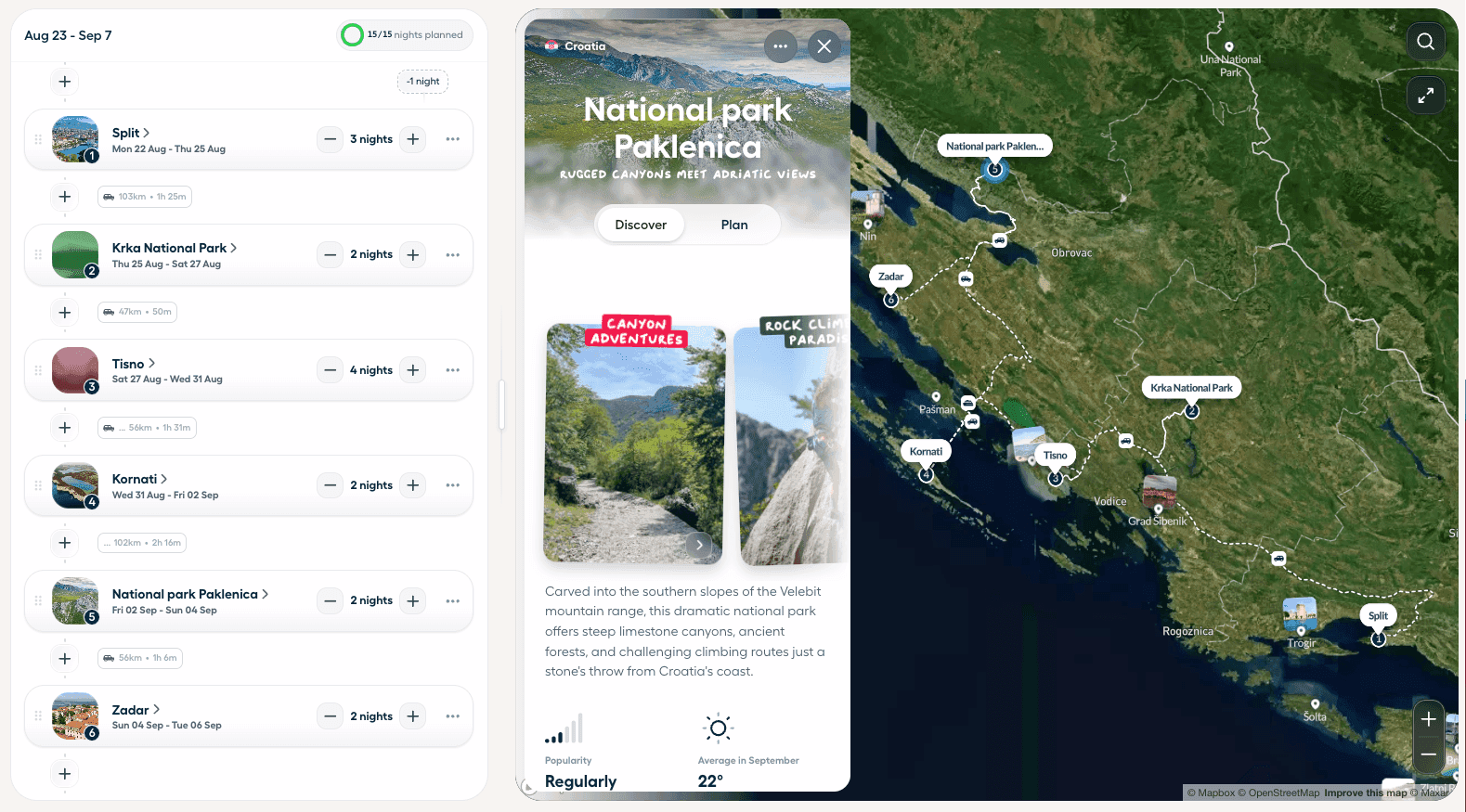 Polarsteps Trip Planner showing a route along Croatia’s Dalmatian Coast, with destination recommendations and an interactive map.