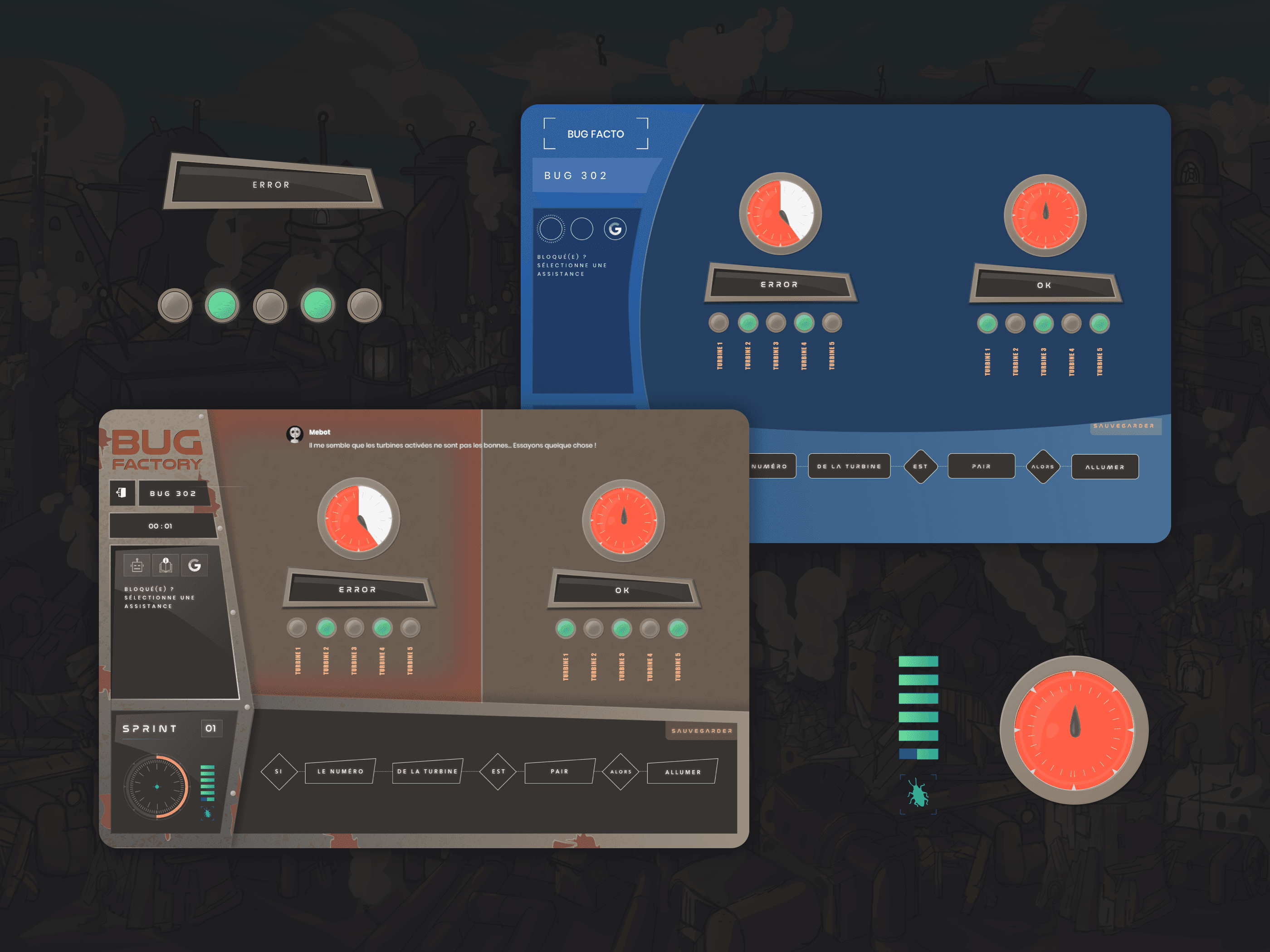 Interface de la plateforme Bug Factory avec des cadrans de contrôle affichant des erreurs et des réglages à effectuer.