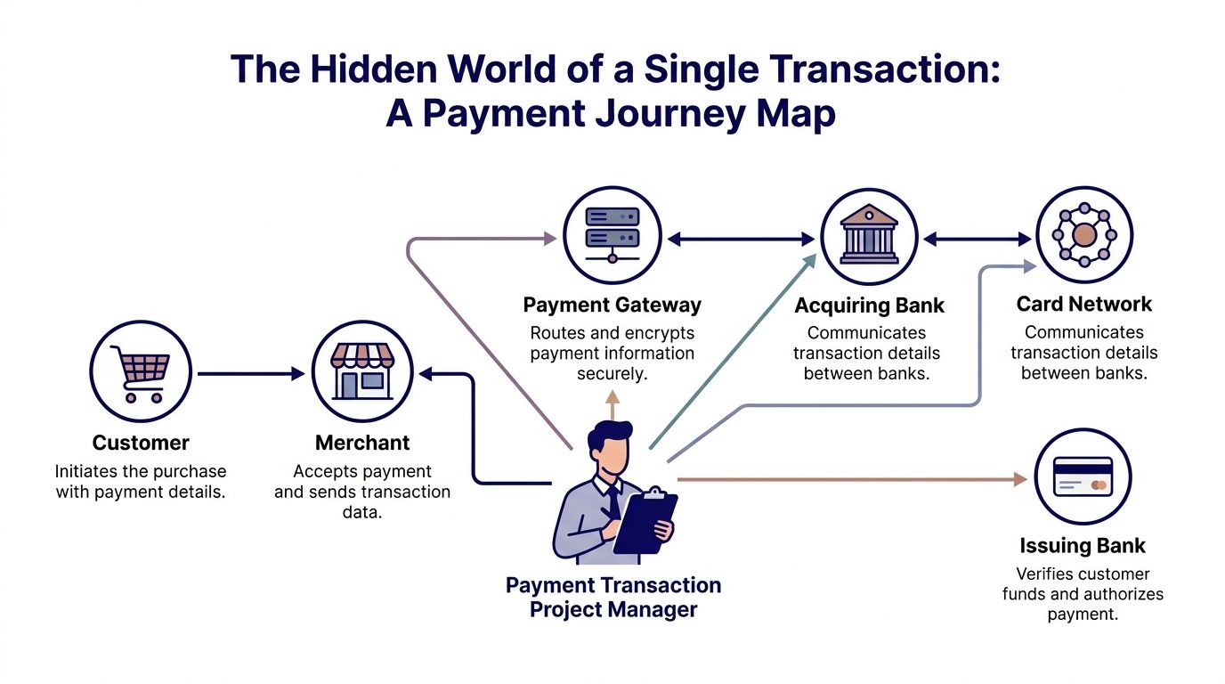 A diagram illustrating the payment journey map of a transaction between customers, merchants, and various financial institutions.
