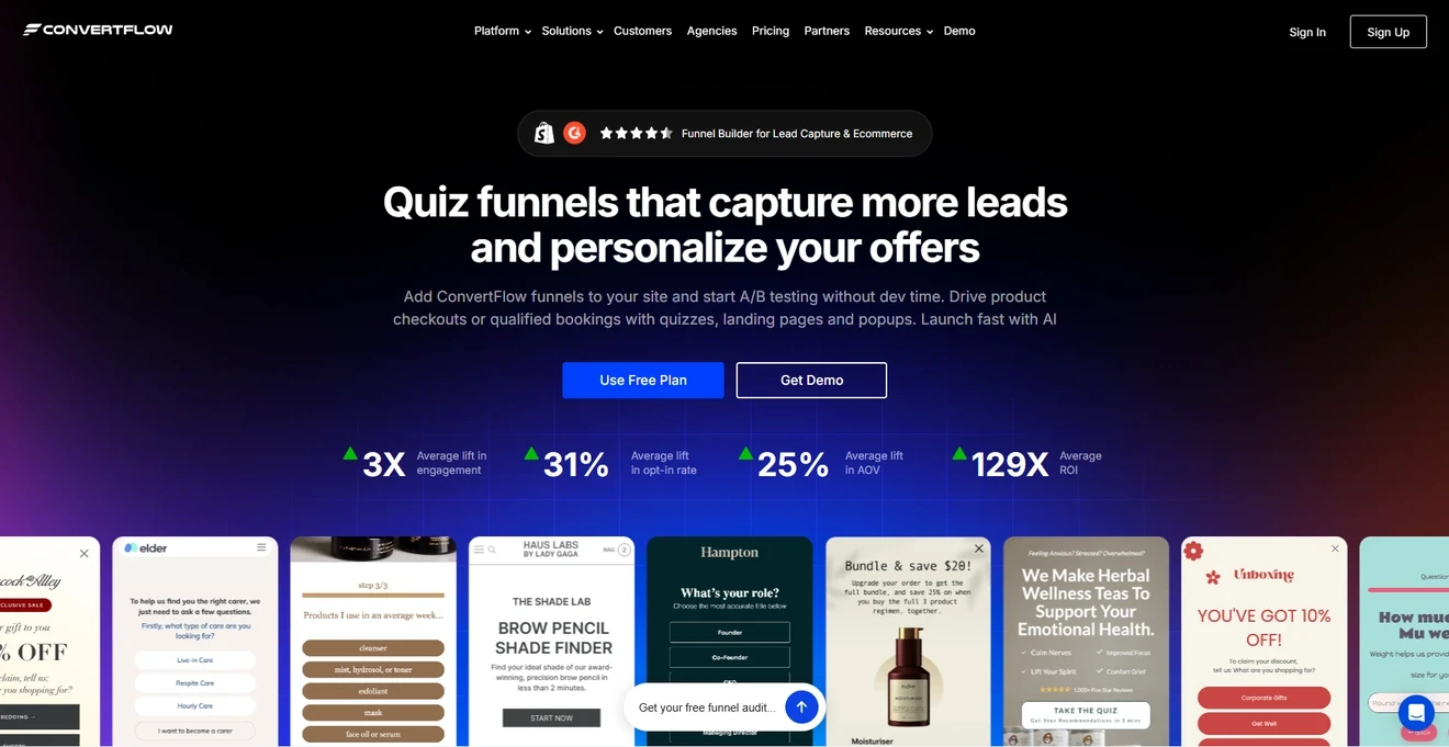 ConvertFlow homepage showing funnels, quizzes, landing pages, and popup campaigns.