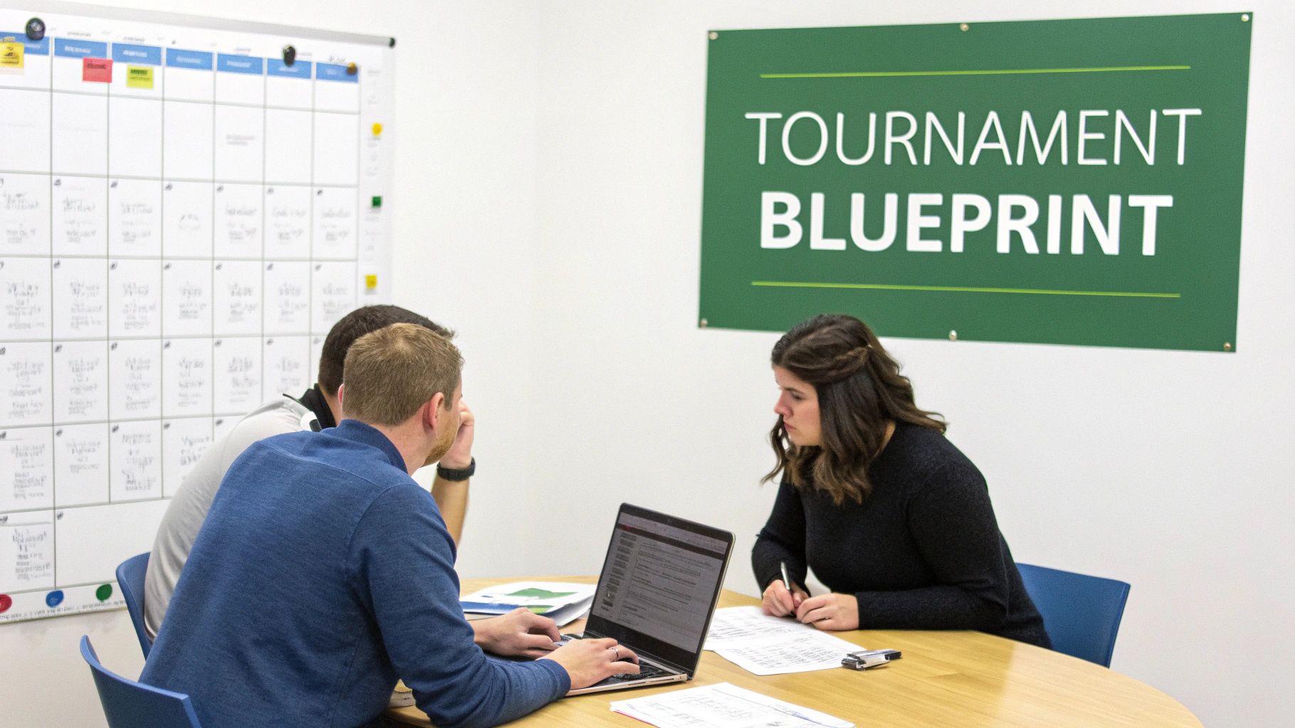 Three individuals, two men and one woman, collaborate around a table, planning with a laptop and papers. A whiteboard calendar and a green sign reading 
