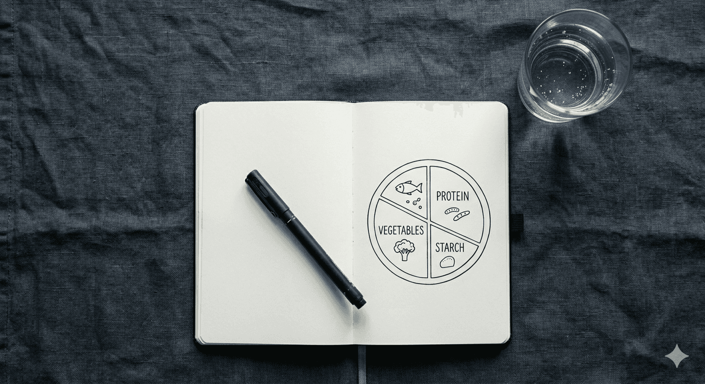 Open notebook with a simple plate diagram and glass of water representing structured eating planning on GLP-1 medications