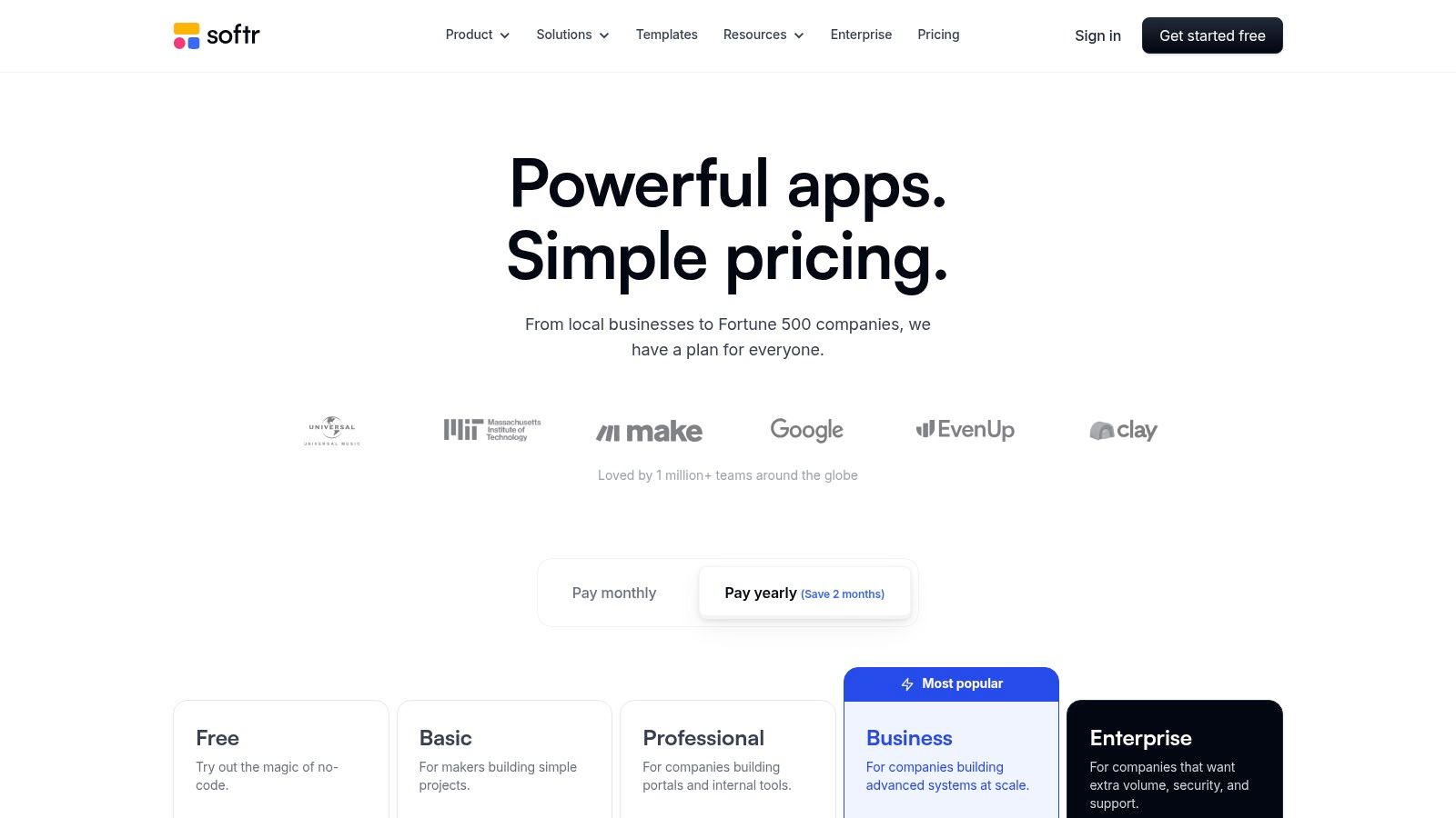 Softr pricing tiers and features