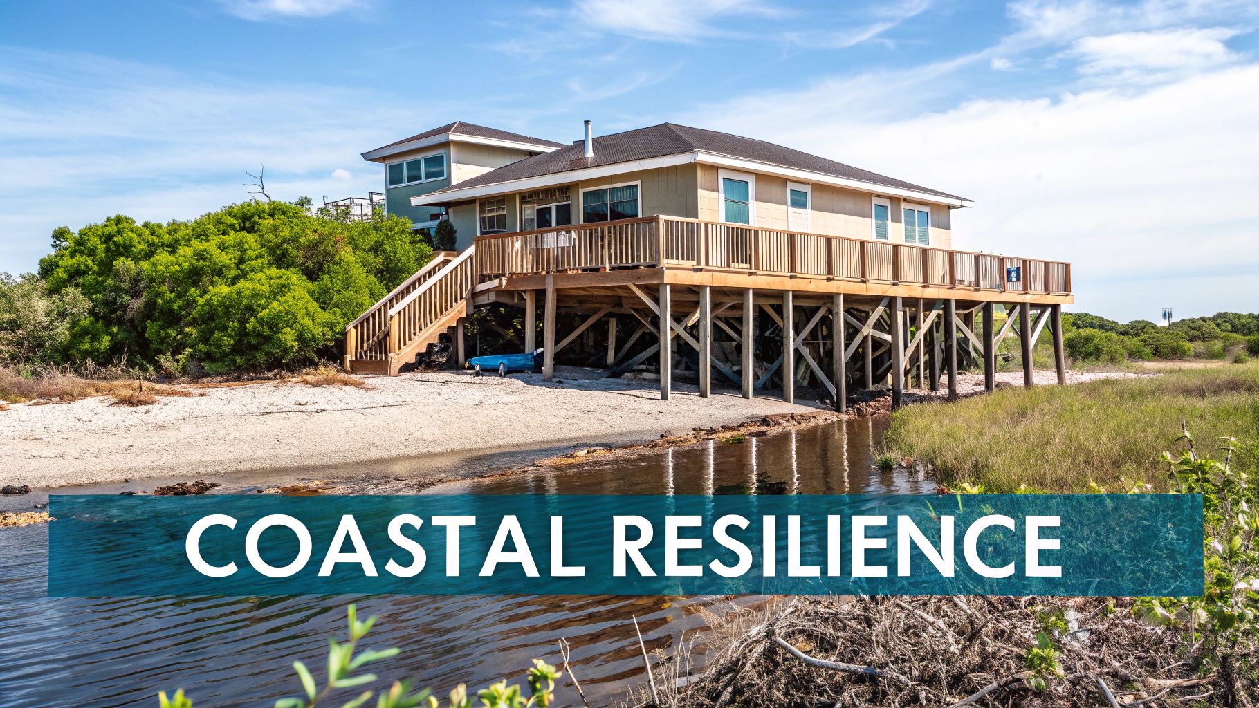 A stilt house with a wooden deck stands by a marshy waterway and green trees under a blue sky, conveying coastal resilience.